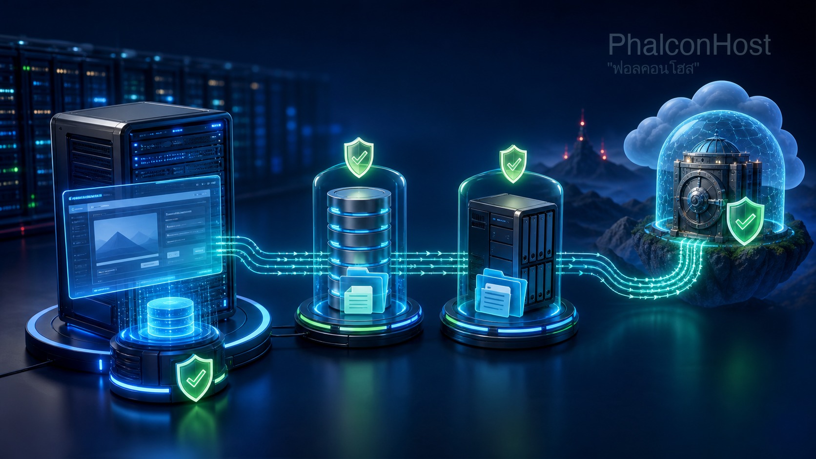 ภาพแนวคิด backup แบบ 3-2-1 ที่มีหลายสำเนา หลายที่เก็บ และสำเนา offsite แยกจากเซิร์ฟเวอร์หลัก