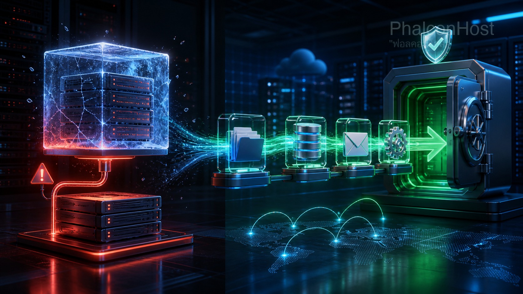 ภาพเปรียบเทียบ snapshot ของ VPS กับ backup จริงที่รวมไฟล์ ฐานข้อมูล อีเมล และการตั้งค่าไปเก็บ offsite