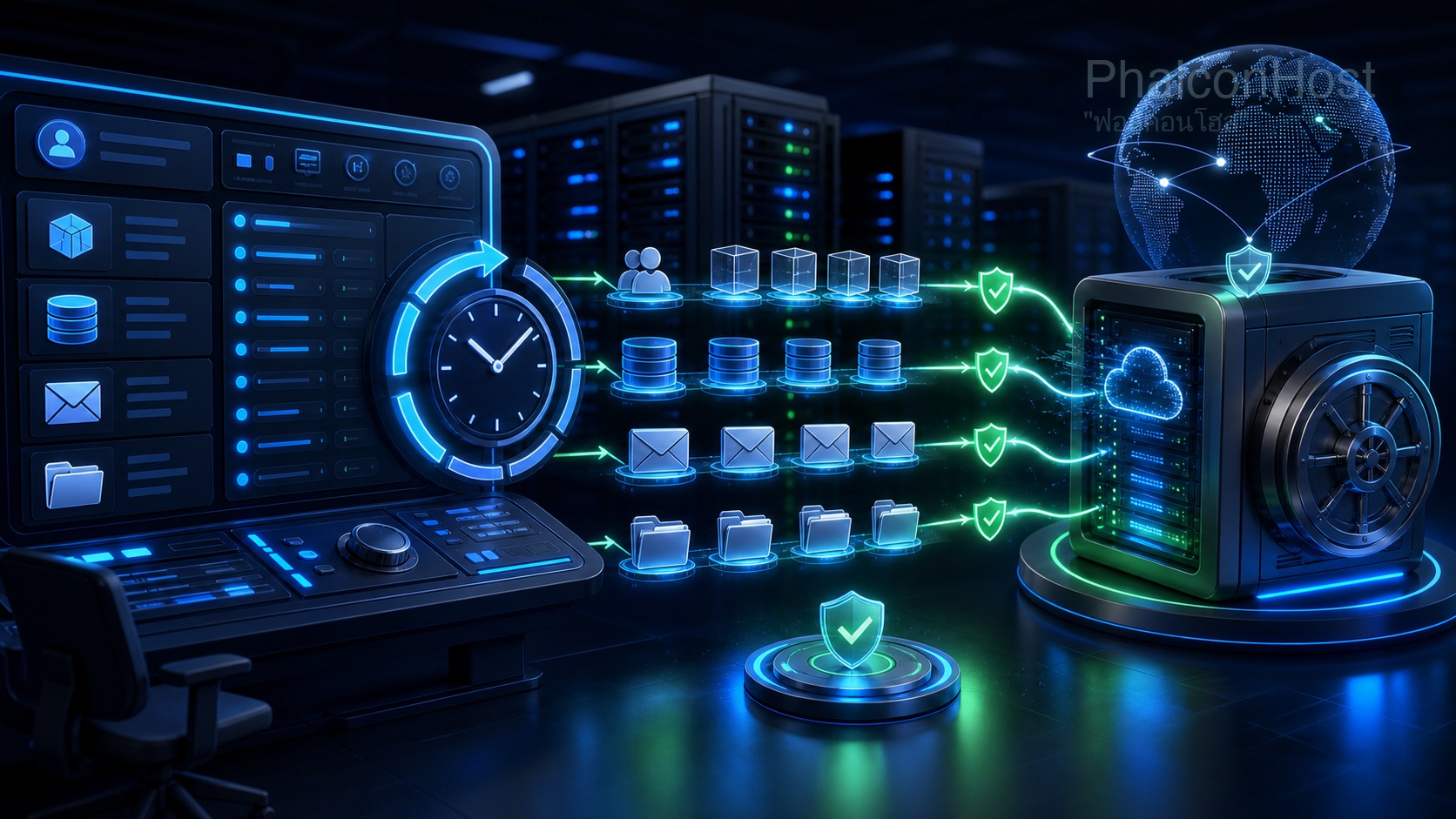 ภาพระบบตั้ง backup อัตโนมัติใน DirectAdmin ที่ส่งไฟล์ ฐานข้อมูล อีเมล และการตั้งค่าไปเก็บ offsite