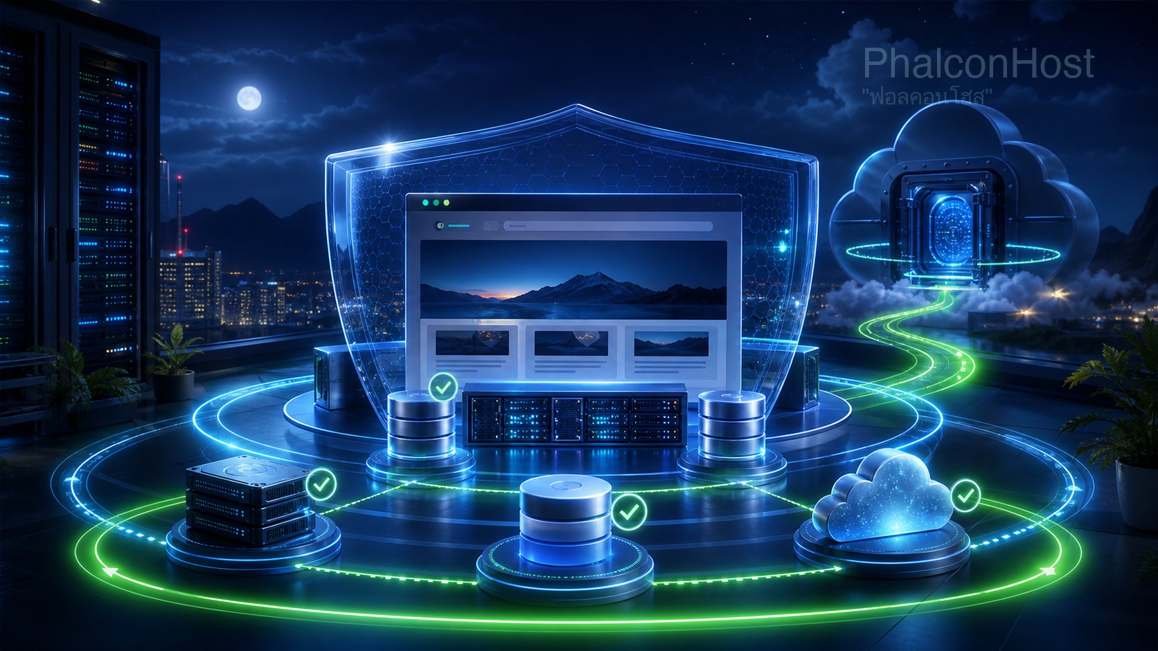 ภาพเว็บไซต์ที่ปลอดภัยขึ้นเพราะมี backup หลายสำเนา เก็บ offsite ทำอัตโนมัติ และทดสอบกู้คืนได้จริง
