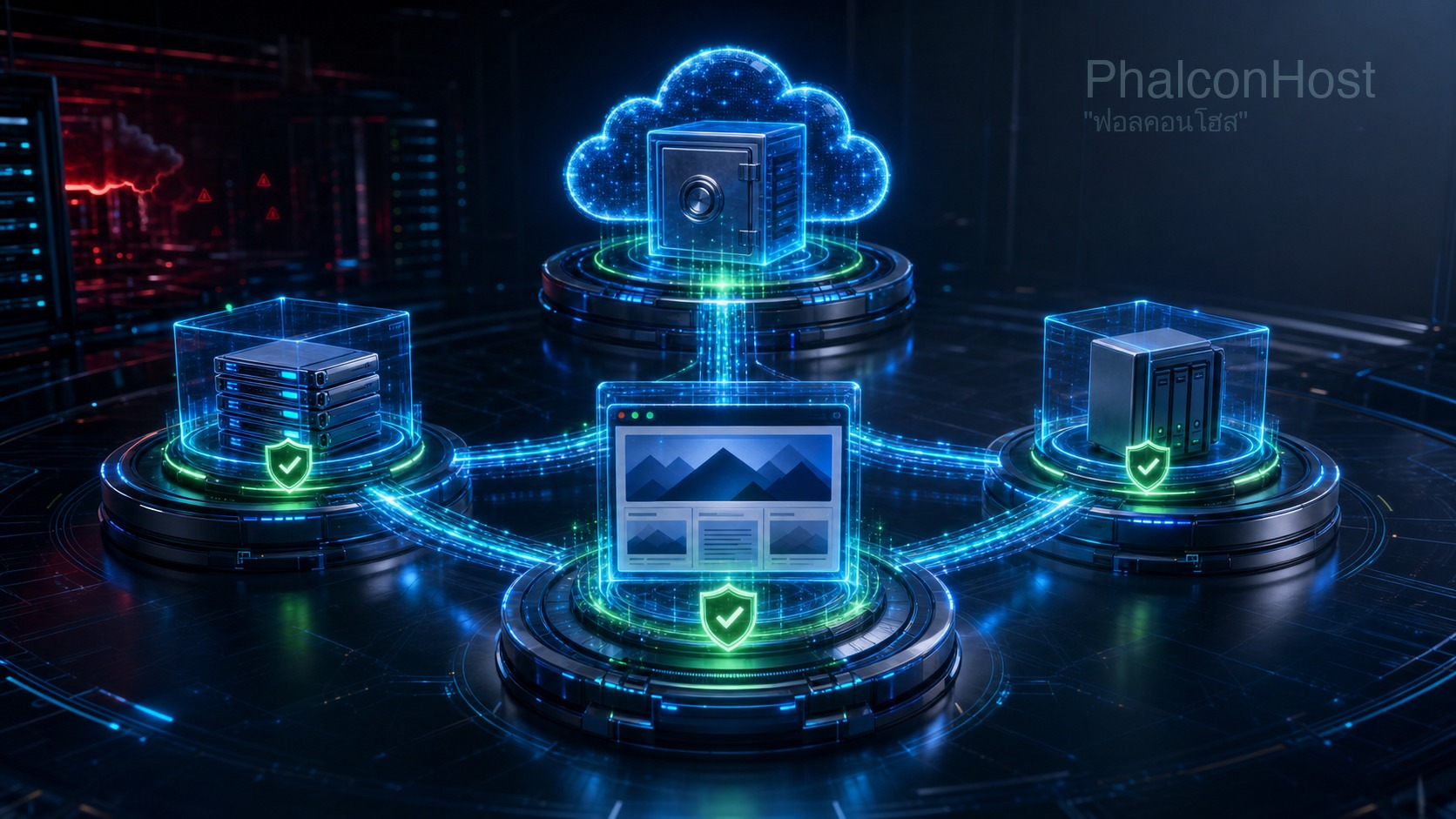 ภาพระบบเว็บไซต์ที่เชื่อมต่อสำเนา backup หลายปลายทาง แสดงว่าการเก็บไว้ในโฮสต์เดิมเพียงจุดเดียวยังไม่ใช่แผนกู้คืน