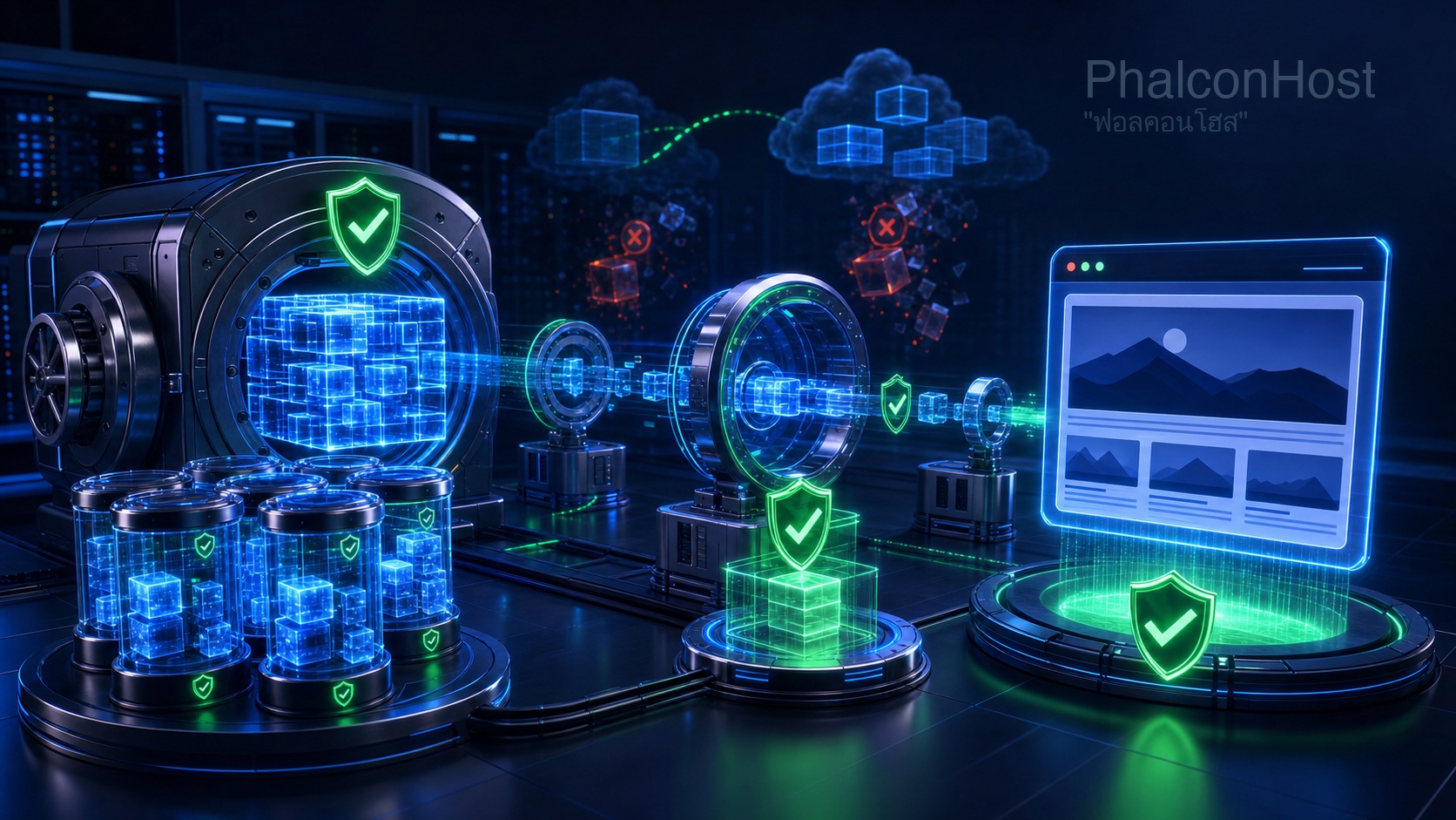 ภาพสำเนาข้อมูลหลายชุดกระจายไปยังคลังที่ป้องกันและปลายทางแยก ตามแนวคิด backup 3-2-1-1-0