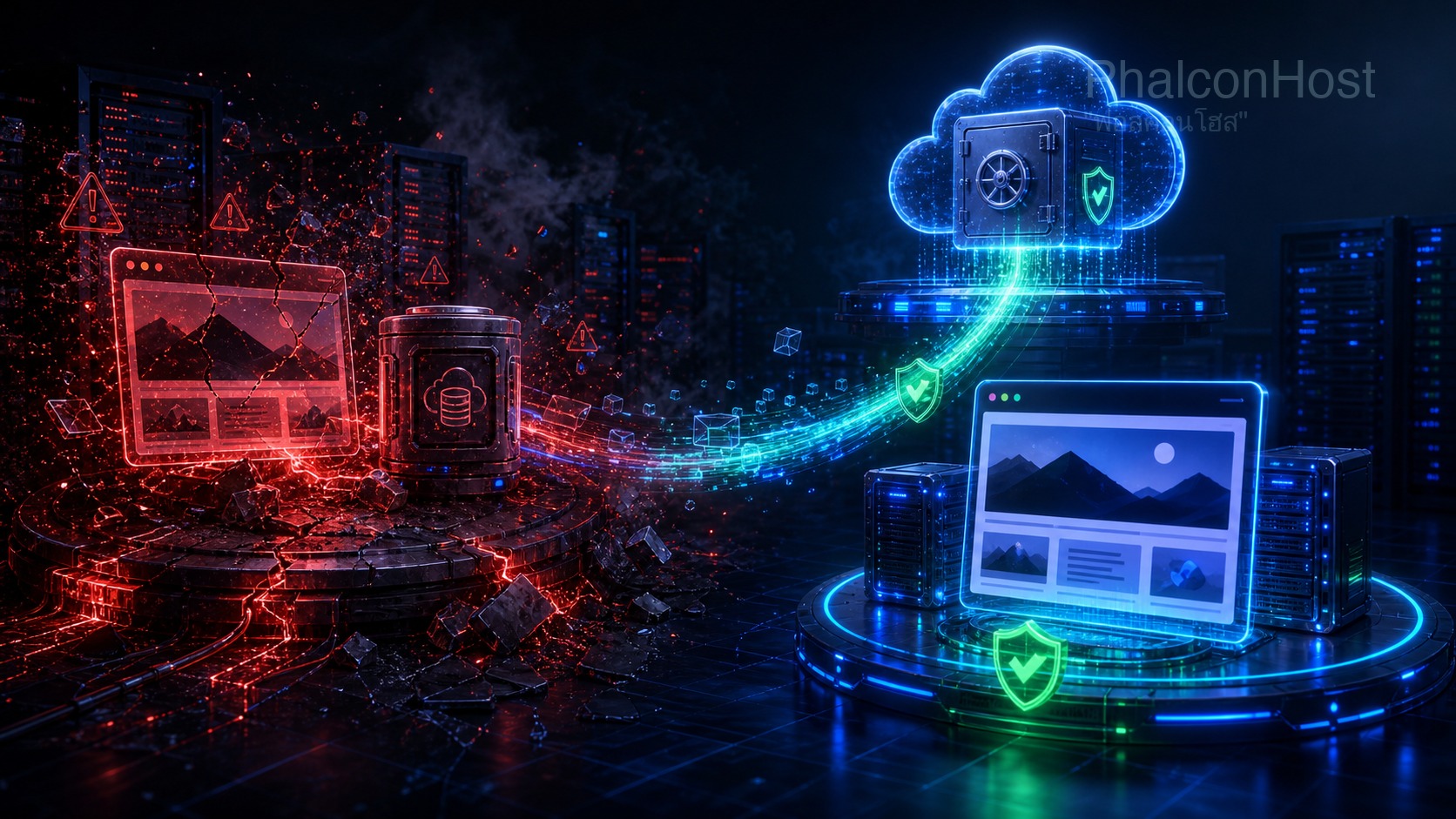 ภาพเปรียบเทียบระบบเว็บไซต์ที่เสียหายกับระบบที่กู้คืนจากคลัง backup แยกและปลอดภัย