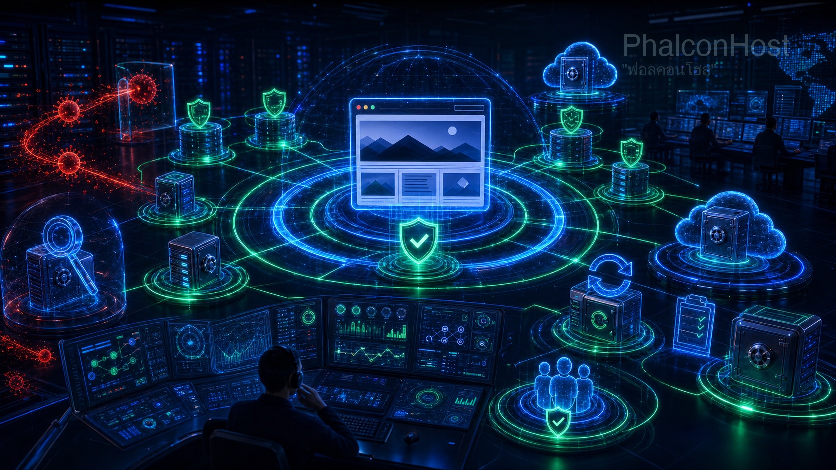 ภาพศูนย์ควบคุมที่ดูแลเว็บไซต์และคลัง backup หลายปลายทาง แสดงการเฝ้าระวังและช่วยกู้คืนโดยทีม PhalconHost