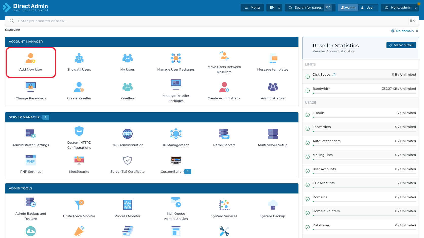 ภาพหน้าจอ DirectAdmin Admin Dashboard ที่ใส่กรอบสีแดงรอบเมนู Add New User ในกลุ่ม Account Manager