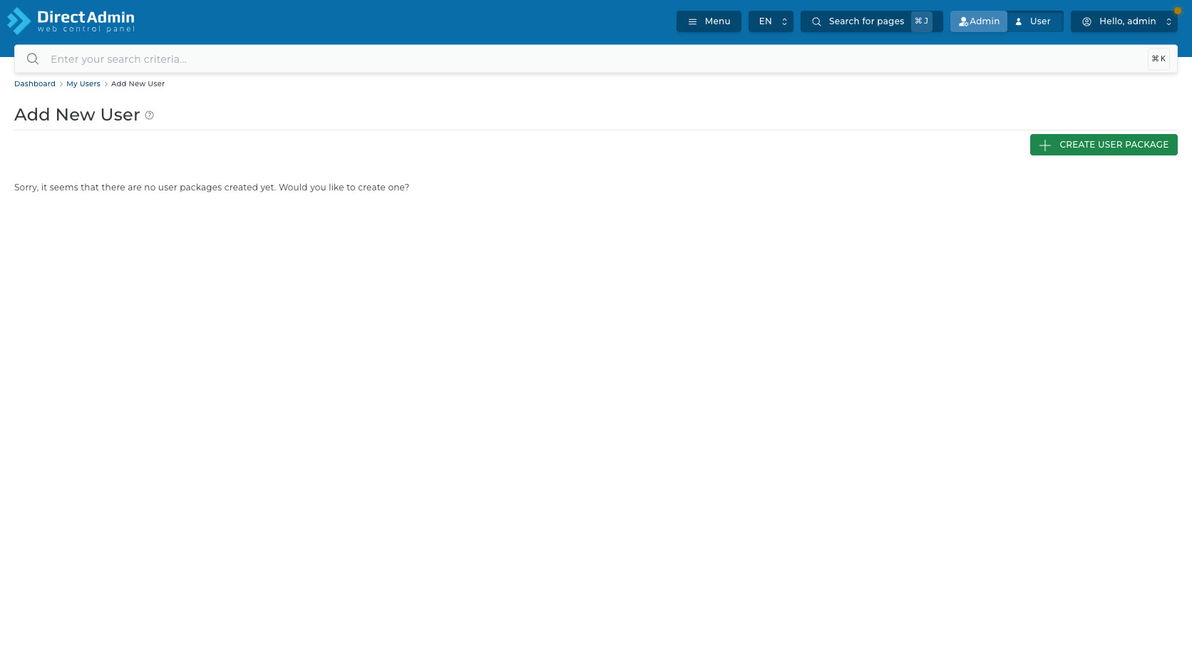 ภาพหน้าจอหน้า Add New User ที่แสดงข้อความว่ายังไม่มี user package และมีปุ่ม Create User Package