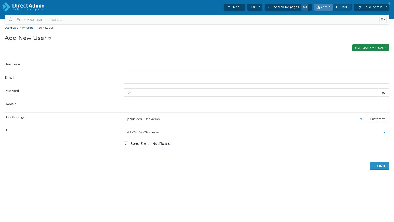 ภาพหน้าจอฟอร์ม Add New User ใน DirectAdmin Admin Level ที่มีช่อง Username E-mail Password Domain User Package IP และ Send E-mail Notification
