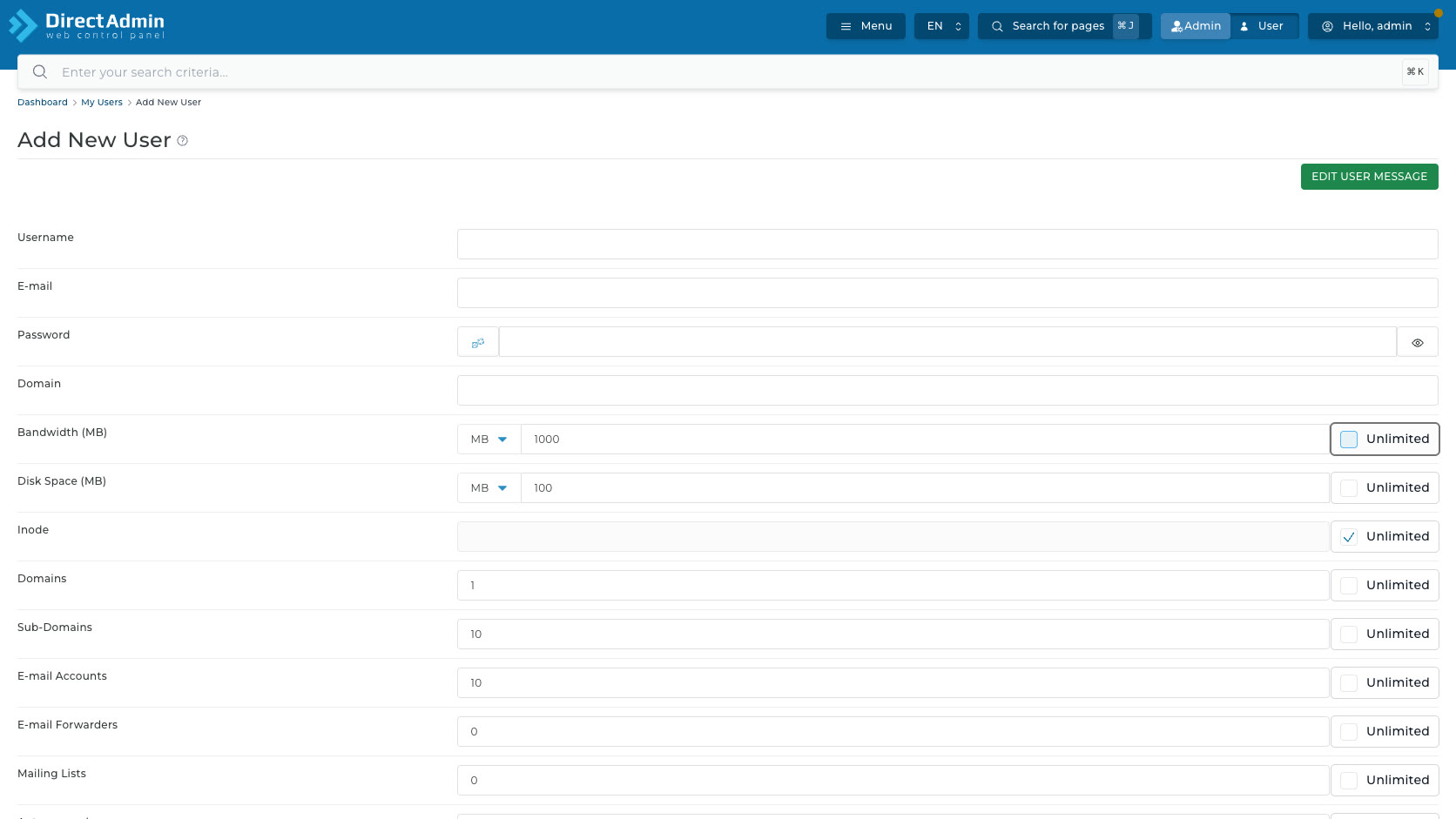 ภาพหน้าจอส่วน Customize ของ Add New User ที่แสดงโควต้า Bandwidth Disk Space Inode Domains Sub-Domains E-mail Accounts และ Unlimited checkbox