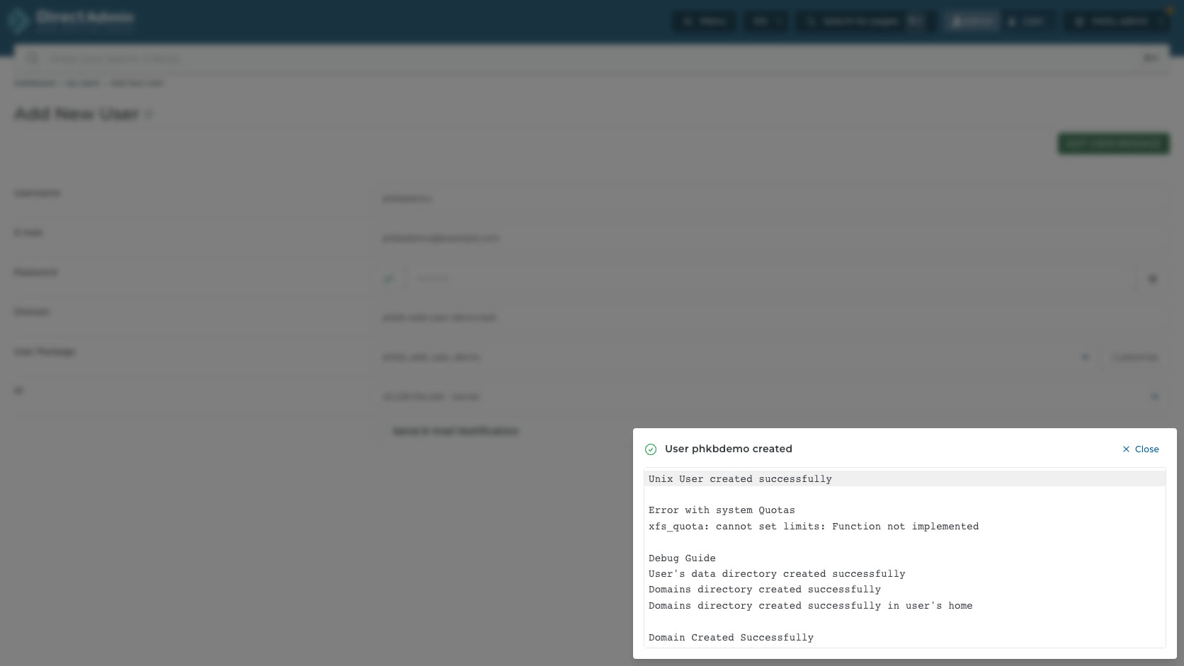 ภาพหน้าจอ confirmation dialog หลังสร้าง User ใน DirectAdmin พร้อมข้อความ User created และรายละเอียดผลลัพธ์การสร้างบัญชี