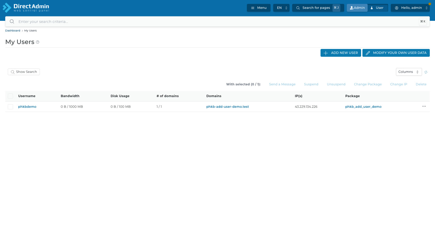 ภาพหน้าจอหน้า My Users หลังสร้างบัญชีใหม่ แสดงตาราง Username Bandwidth Disk Usage Domains IP และ Package