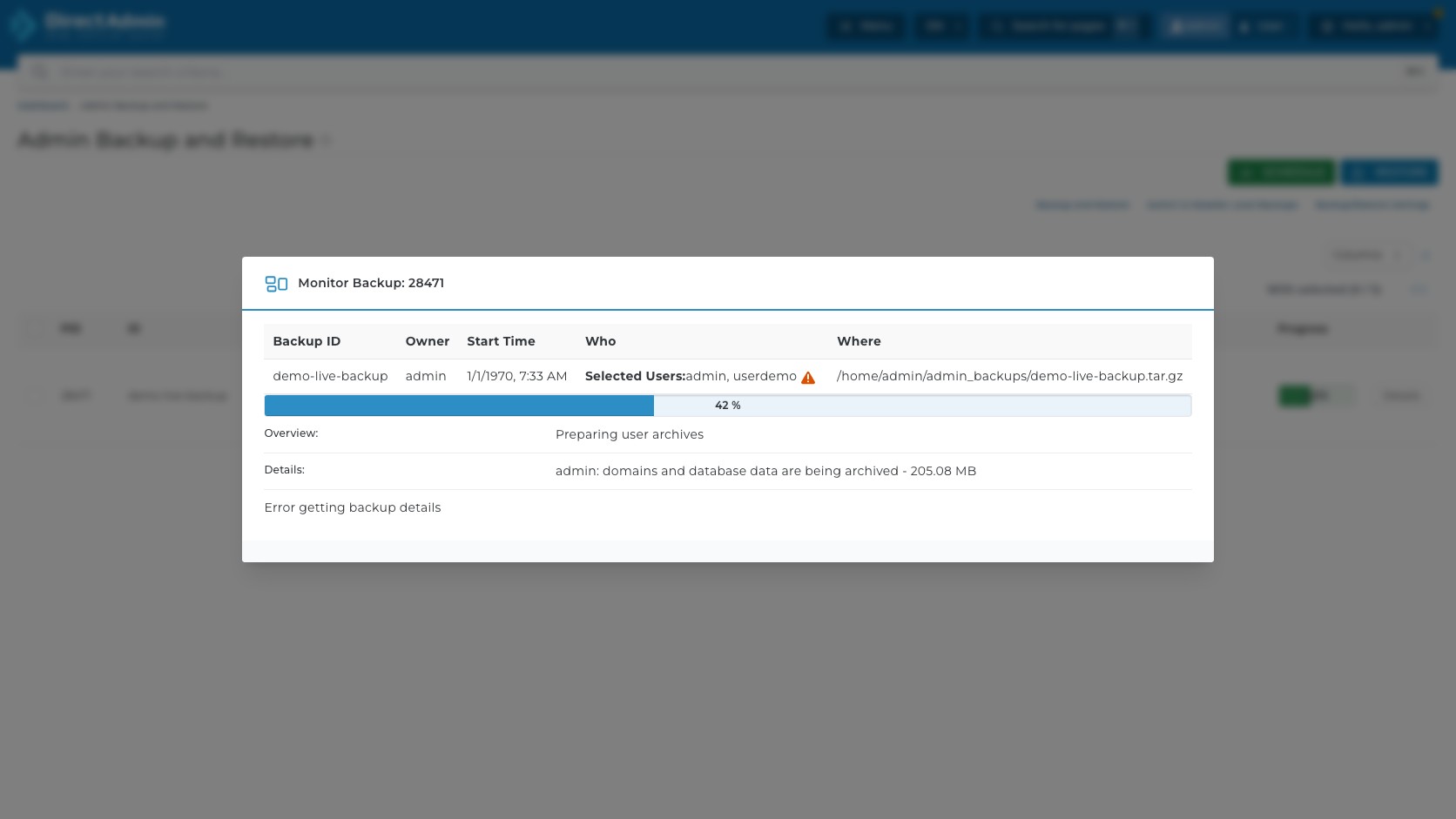 ภาพหน้าจอ Monitor Backup dialog แสดง Backup ID Owner Start Time Who Where progress bar Overview Details และ Error getting backup details