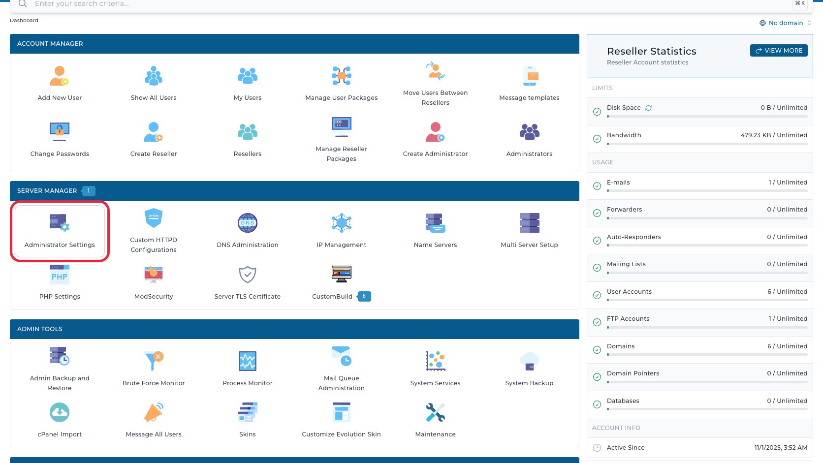 ภาพหน้าจอ DirectAdmin Admin Dashboard พร้อมกรอบสีแดงรอบเมนู Administrator Settings ในกลุ่ม Server Manager