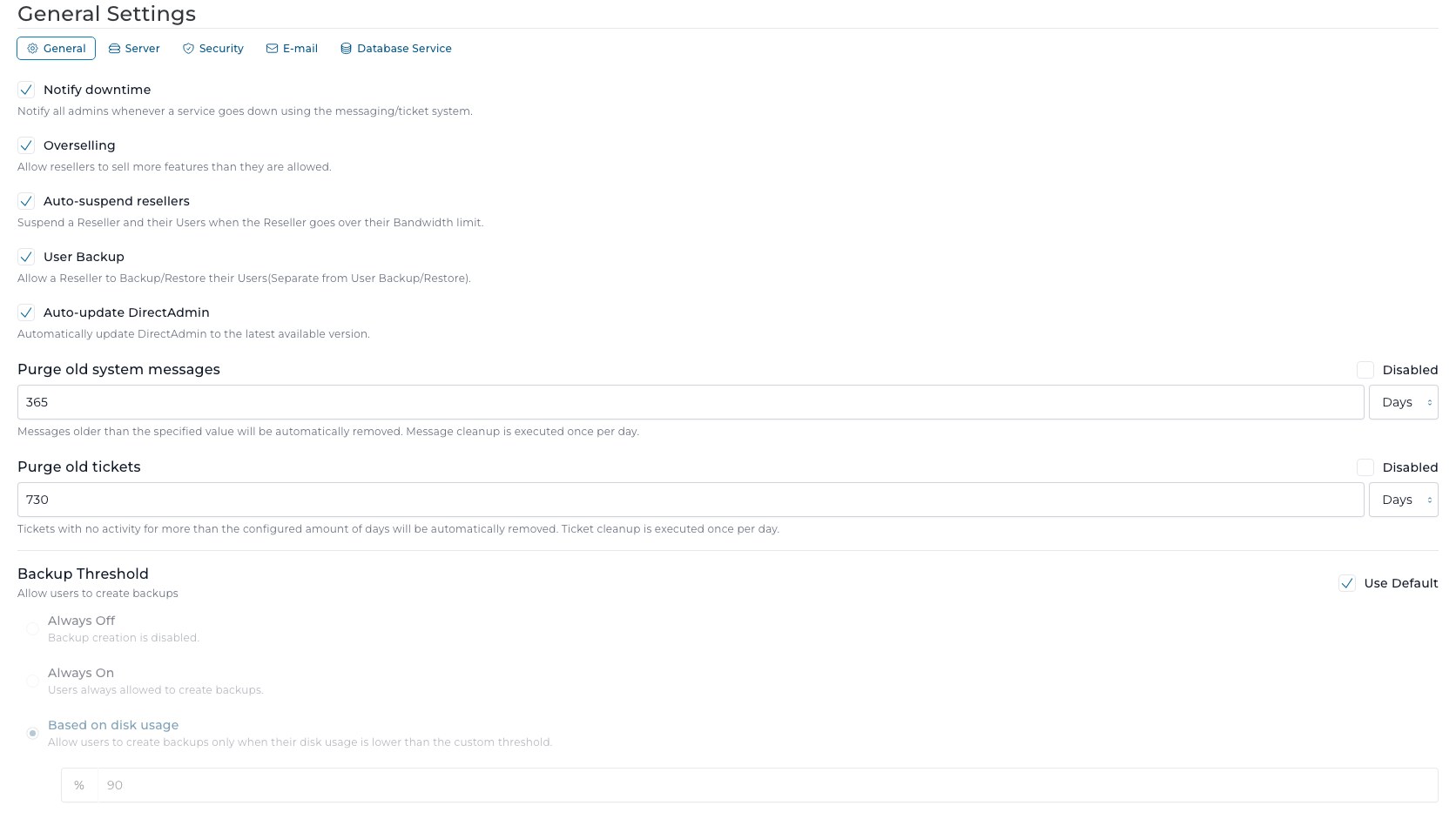 ภาพหน้าจอ General Settings ใน DirectAdmin แสดง checkbox Notify downtime Overselling Auto-suspend resellers User Backup Auto-update DirectAdmin Purge old system messages Purge old tickets และ Backup Threshold