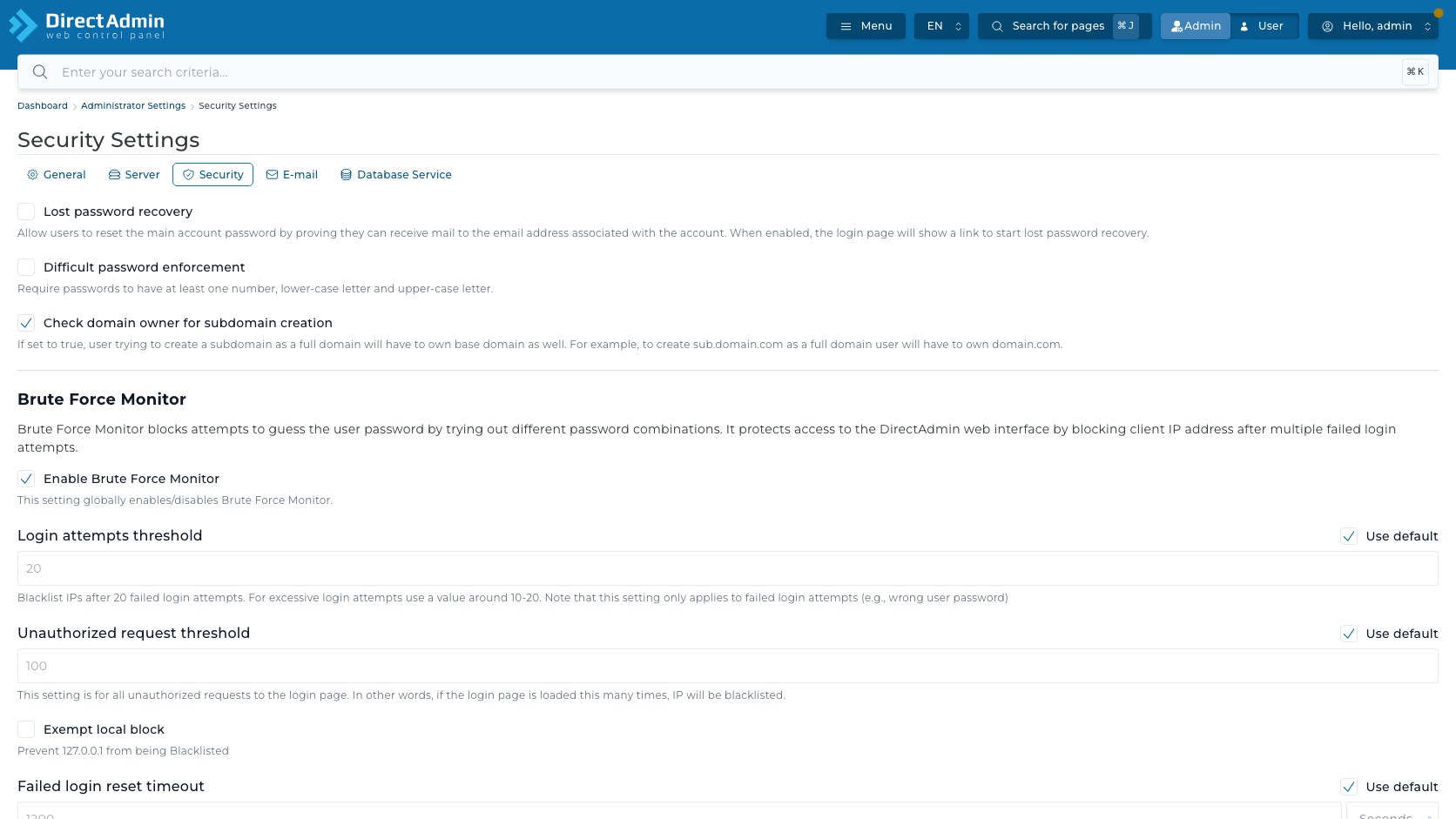 ภาพหน้าจอ Security Settings ใน DirectAdmin แสดง Lost password recovery Difficult password enforcement Check domain owner for subdomain creation และ Brute Force Monitor thresholds