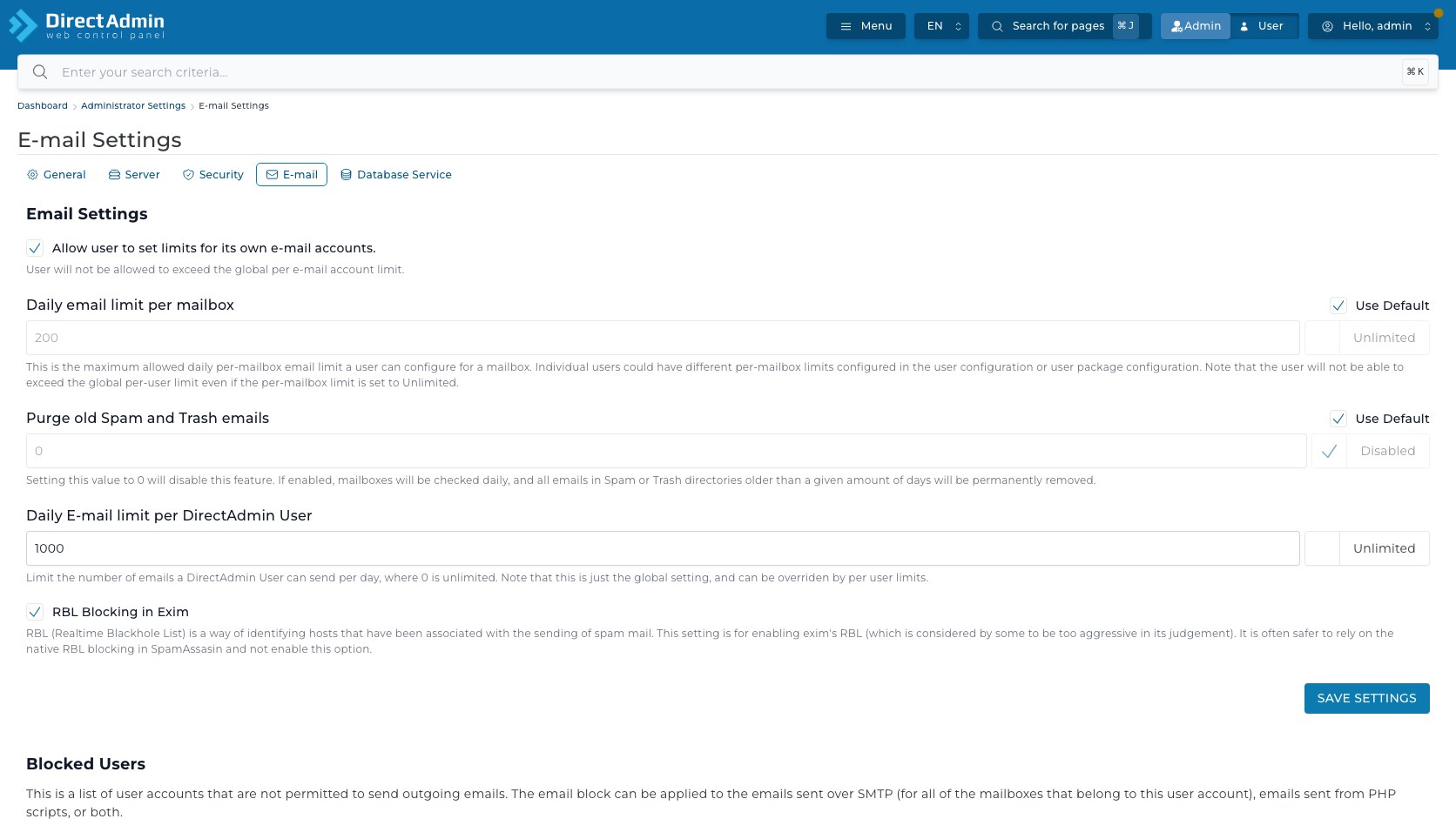 ภาพหน้าจอ E-mail Settings ใน DirectAdmin แสดง Allow user to set limits Daily email limit per mailbox Purge old Spam and Trash emails Daily E-mail limit per DirectAdmin User RBL Blocking in Exim และ Save settings