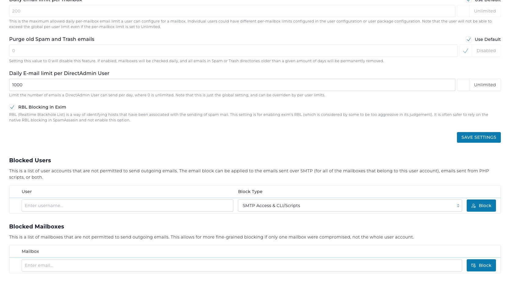 ภาพหน้าจอส่วน Blocked Users และ Blocked Mailboxes ใน DirectAdmin E-mail Settings แสดง column User Block Type Mailbox ช่อง Enter username Enter email และปุ่ม Block