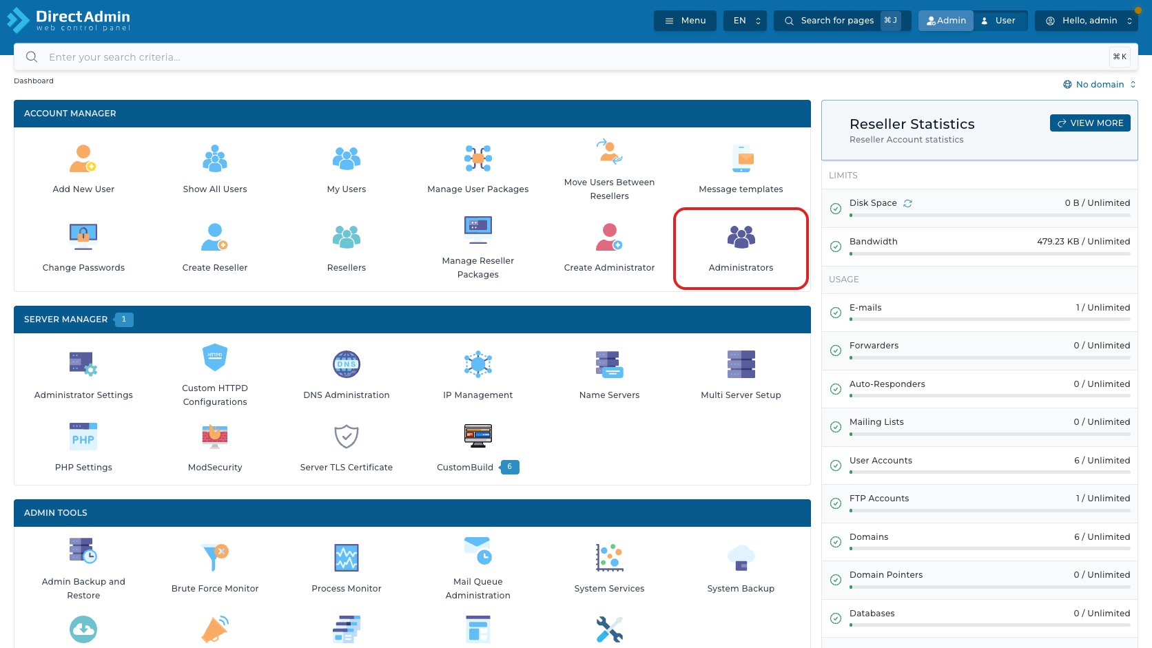 ภาพหน้าจอ DirectAdmin Admin Dashboard ที่ใส่กรอบสีแดงรอบเมนู Administrators ในกลุ่ม Account Manager
