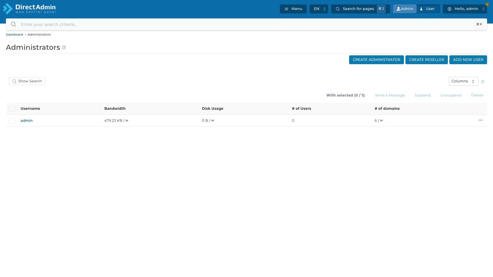 ภาพหน้าจอตาราง Administrators ใน DirectAdmin แสดง checkbox Username Bandwidth Disk Usage จำนวน Users จำนวน domains และปุ่ม row action