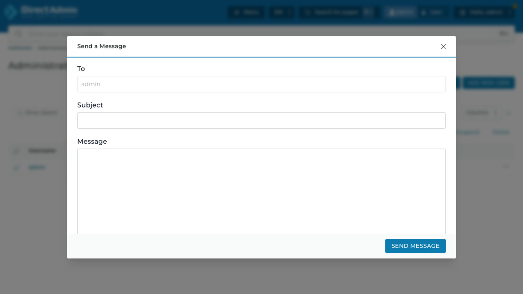 ภาพหน้าจอ modal Send a Message ใน DirectAdmin Administrators ที่มีช่อง To Subject Message และปุ่ม Send Message