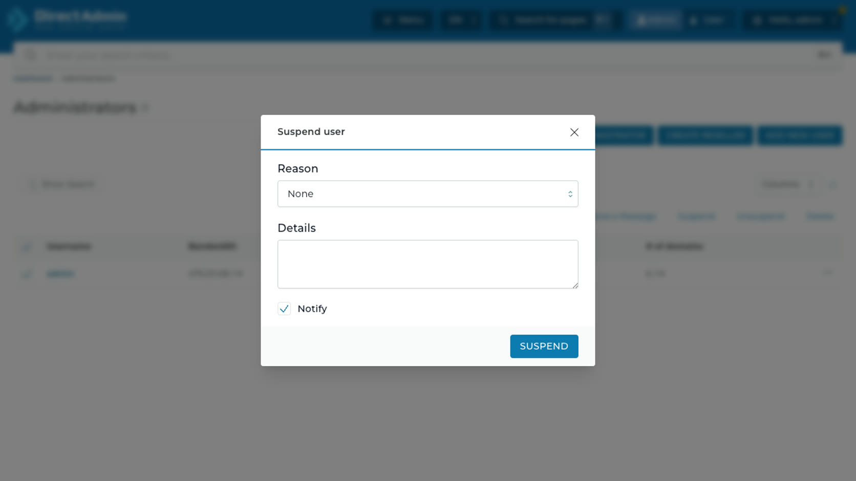 ภาพหน้าจอ modal Suspend user ในหน้า DirectAdmin Administrators แสดง Reason dropdown Details Notify และปุ่ม Suspend