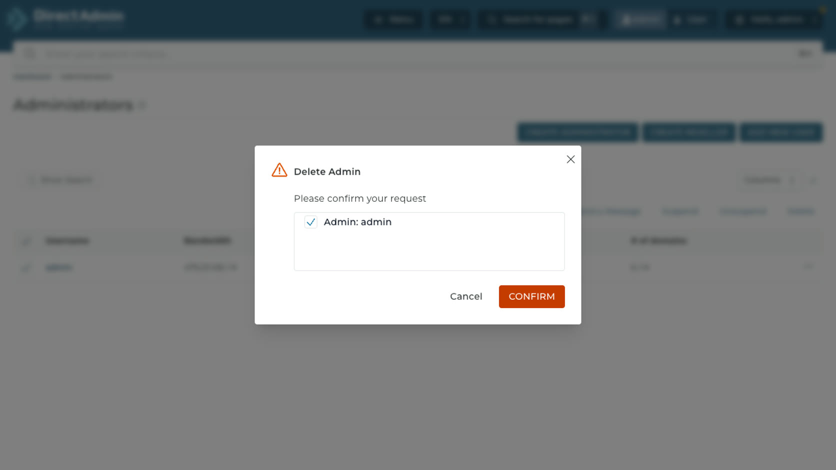 ภาพหน้าจอ confirmation Delete Admin ใน DirectAdmin พร้อม warning icon รายการ Admin admin ปุ่ม Cancel และปุ่ม Confirm