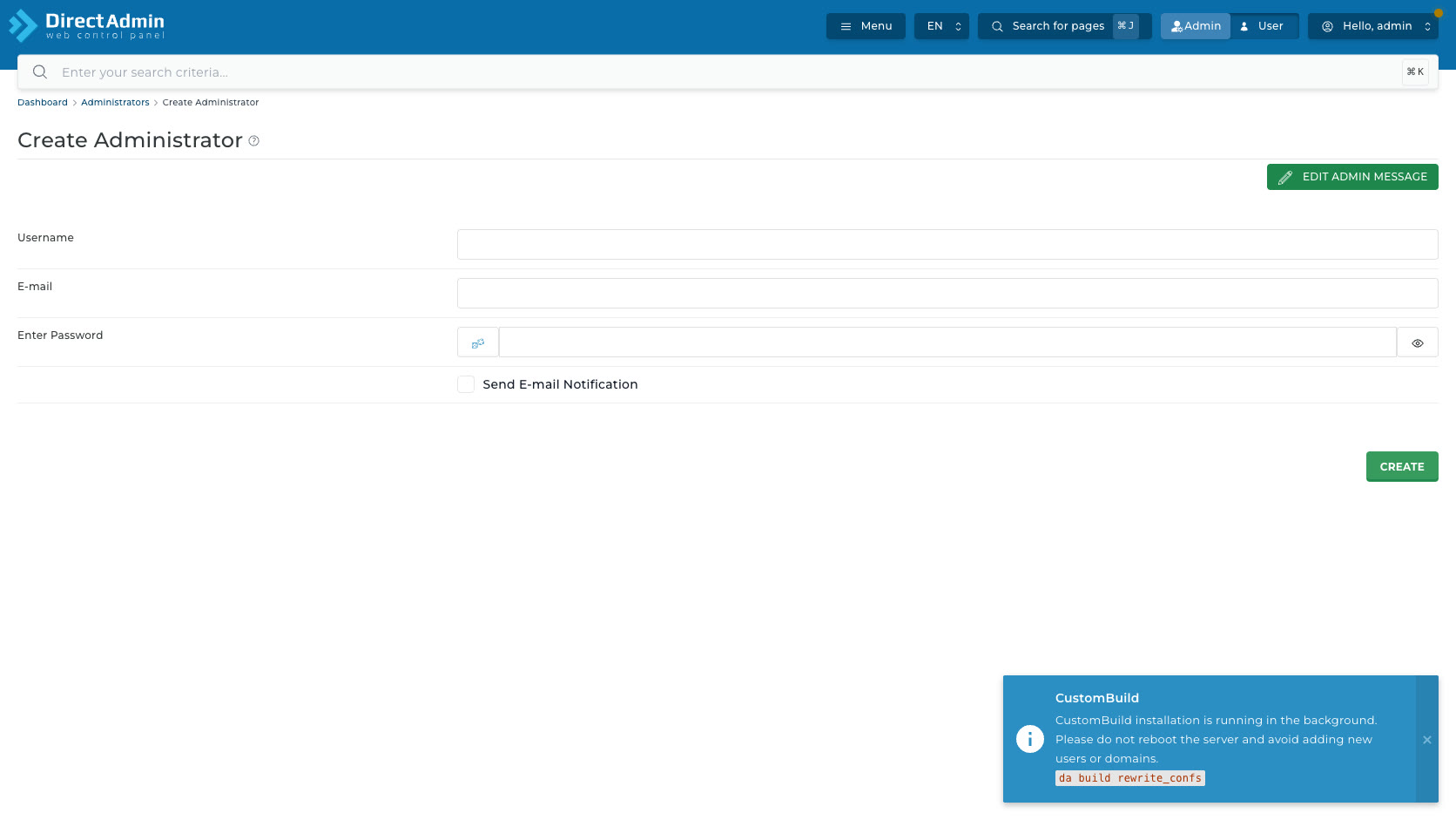 ภาพหน้าจอหน้า Create Administrator ใน DirectAdmin แสดง breadcrumb help icon Edit Admin Message ช่อง Username E-mail Enter Password ปุ่ม Generate Random Password Show Send E-mail Notification และ Create