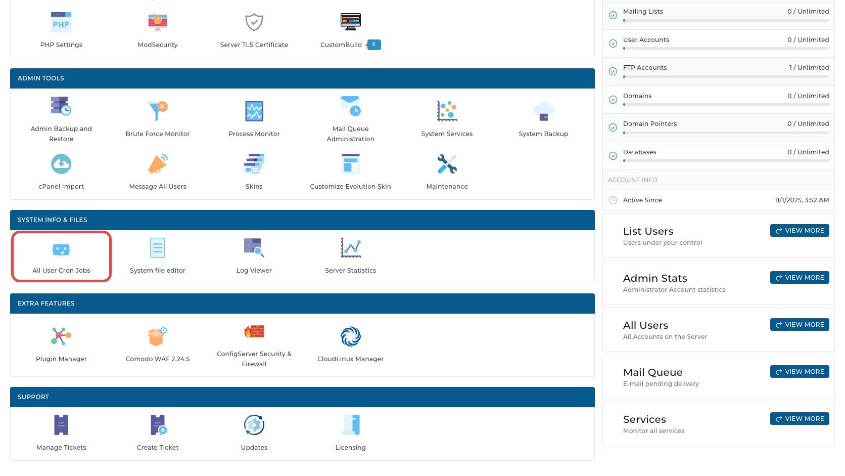 ภาพหน้าจอ DirectAdmin Admin Dashboard พร้อมกรอบสีแดงรอบเมนู All User Cron Jobs ในกลุ่ม System Info & Files