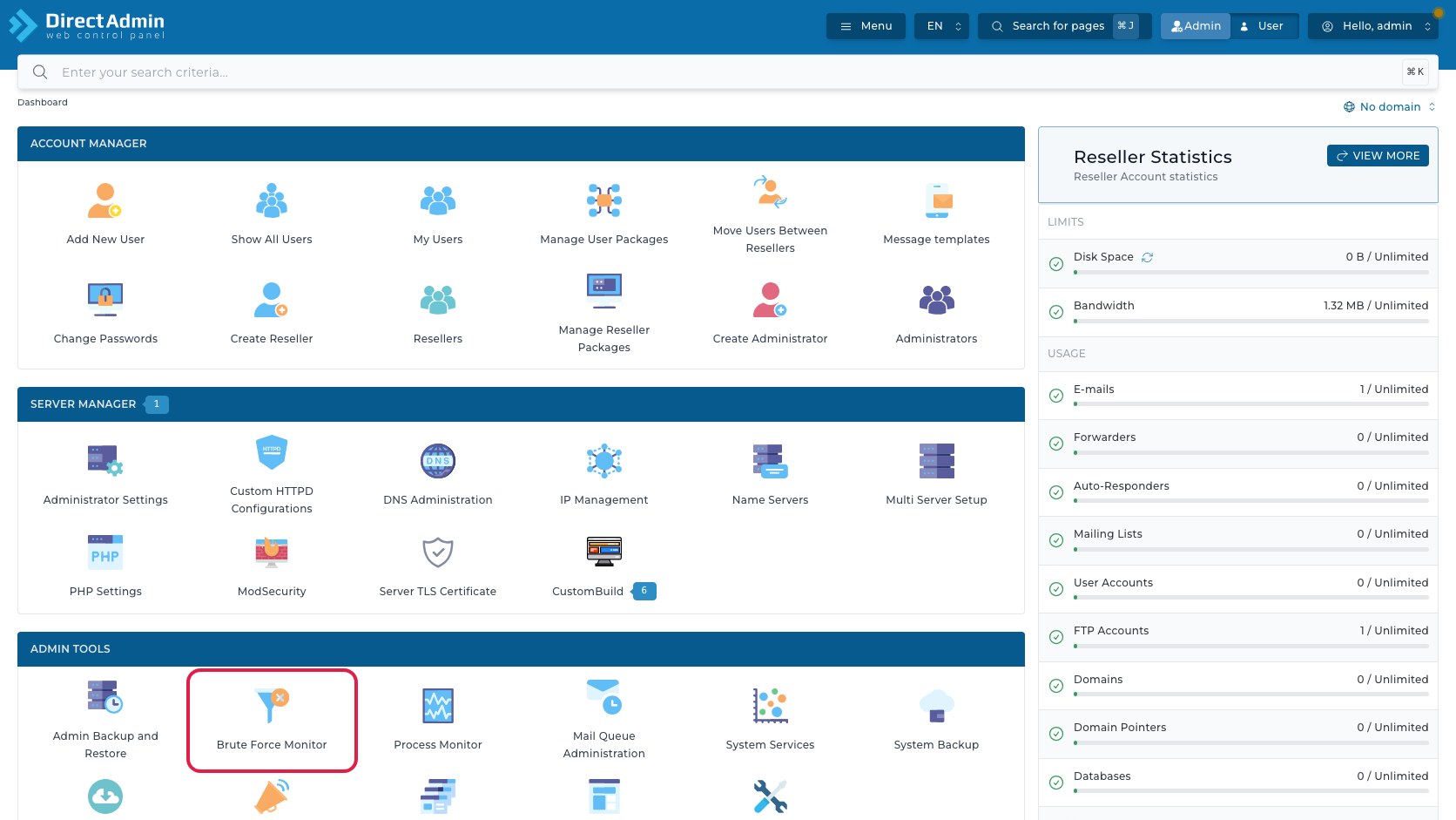 ภาพหน้าจอ DirectAdmin Admin Dashboard พร้อมกรอบสีแดงรอบเมนู Brute Force Monitor ในกลุ่ม Admin Tools