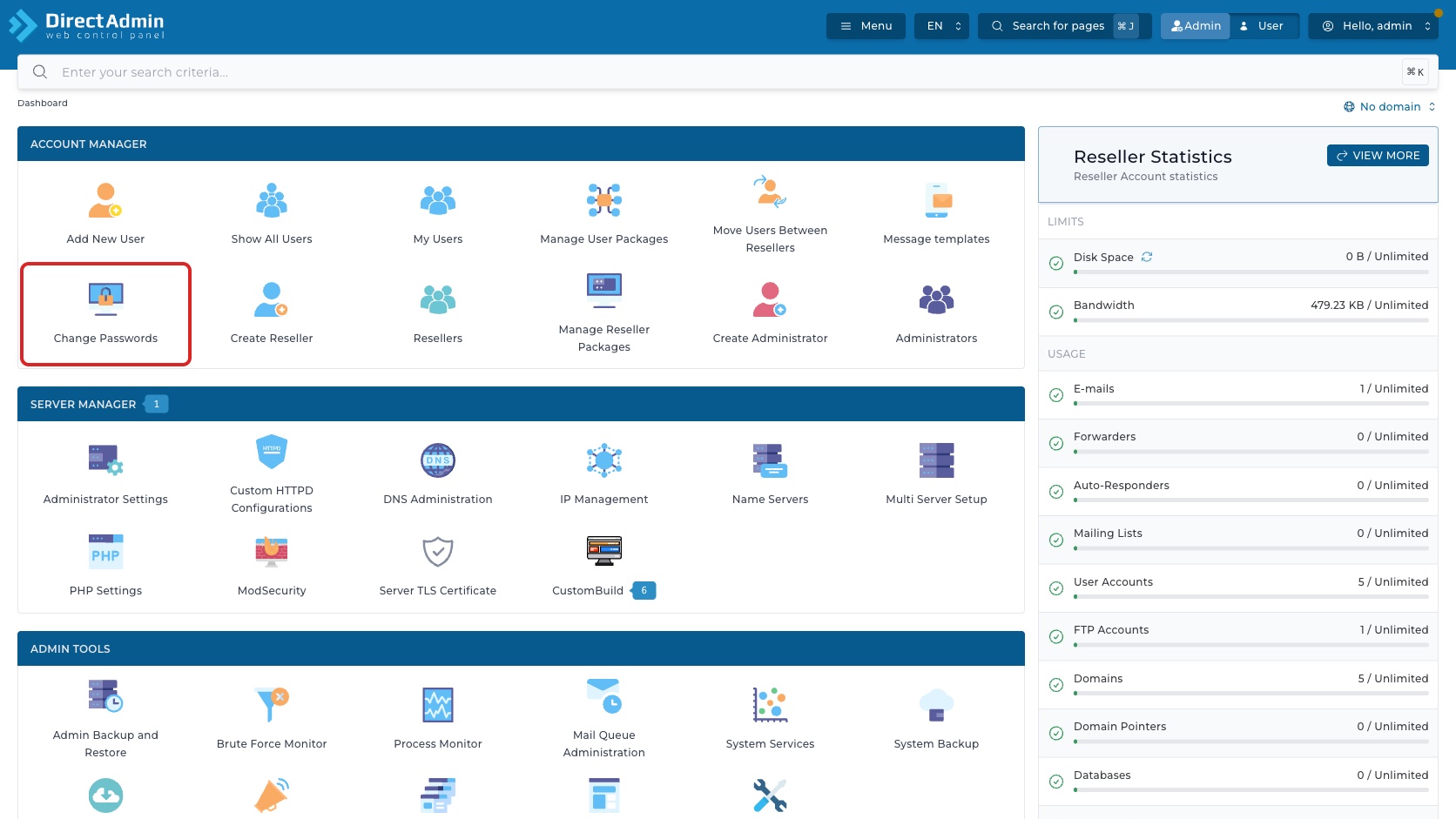 ภาพหน้าจอ DirectAdmin Admin Dashboard ที่ใส่กรอบสีแดงรอบเมนู Change Passwords ในกลุ่ม Account Manager