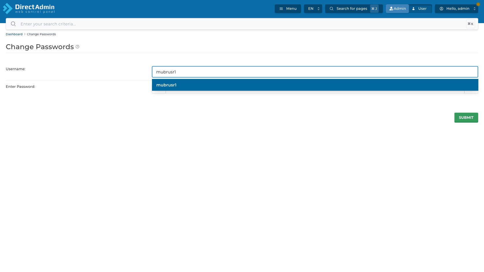 ภาพหน้าจอช่อง Username ในหน้า Change Passwords หลังพิมพ์ mubrusr1 และแสดง option autocomplete ให้เลือกบัญชีเป้าหมาย