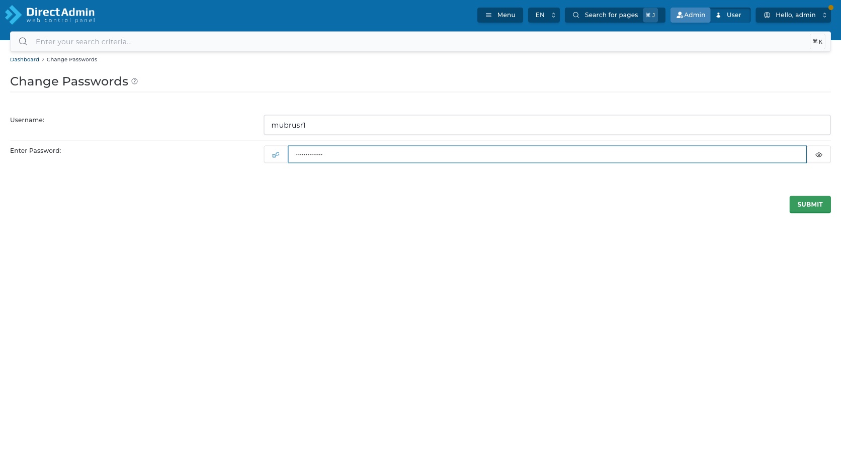 ภาพหน้าจอหน้า Change Passwords ที่กรอก username และ password แบบซ่อนค่า พร้อมปุ่ม Generate Random Password ปุ่ม Show และ Submit