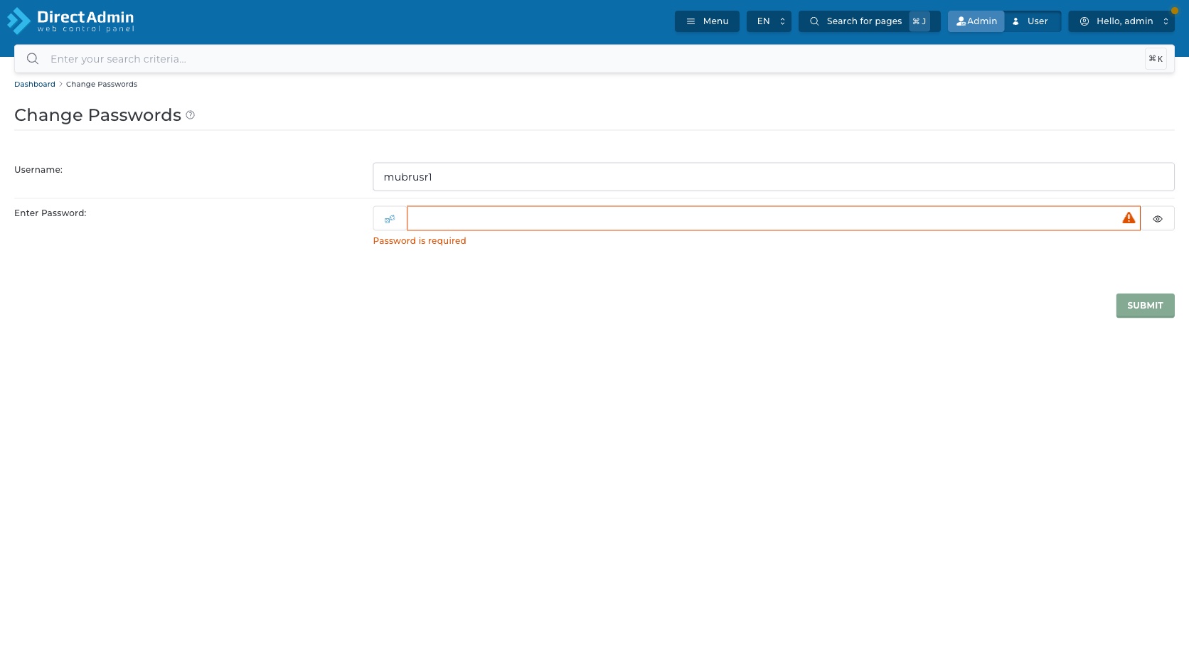 ภาพหน้าจอหน้า Change Passwords แสดง validation warning Password is required ที่ช่อง Enter Password และปุ่ม Submit ถูกปิดใช้งาน