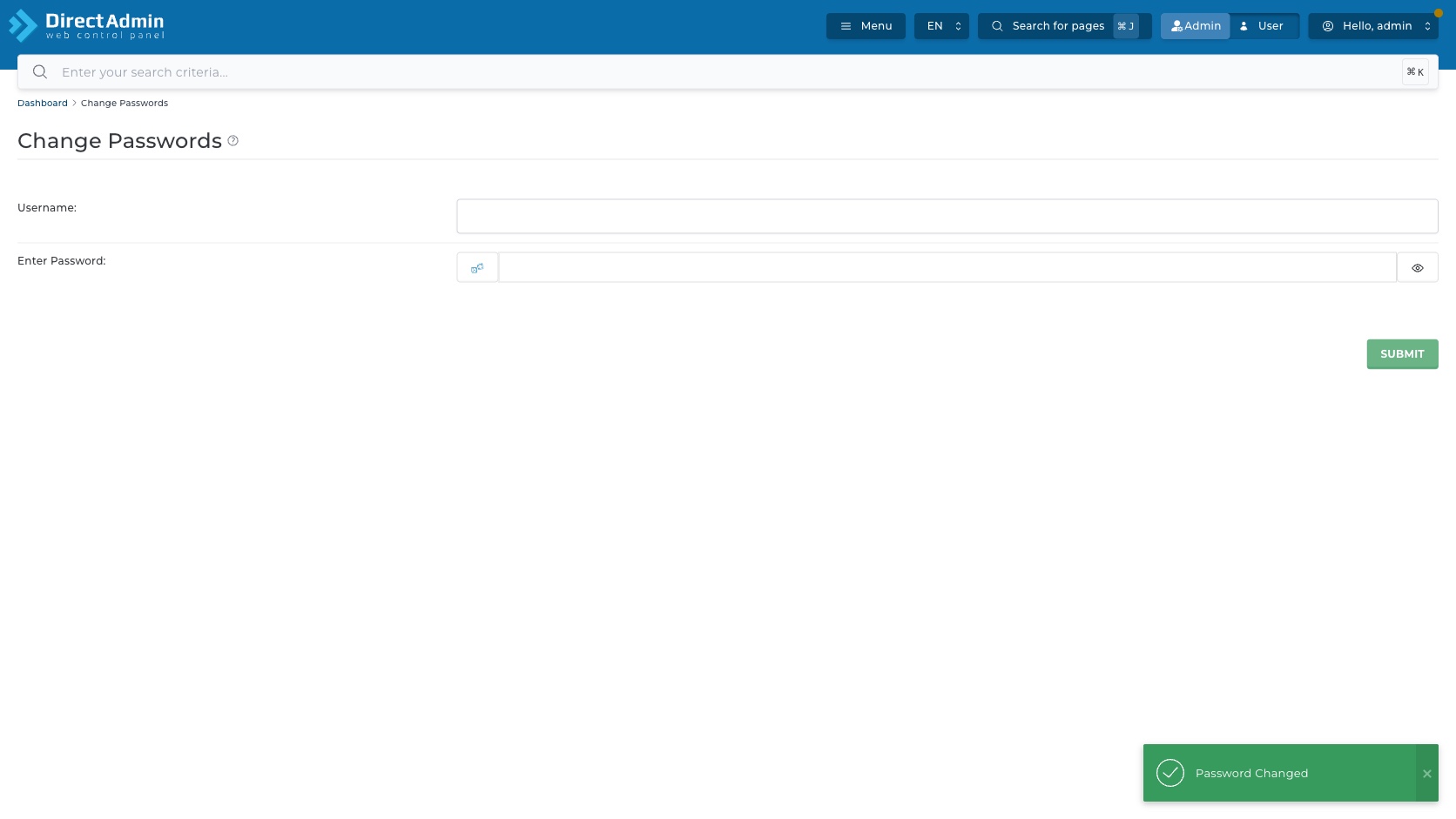 ภาพหน้าจอ DirectAdmin หลัง Submit หน้า Change Passwords สำเร็จ แสดง toast สีเขียวข้อความ Password Changed พร้อมปุ่มปิด X