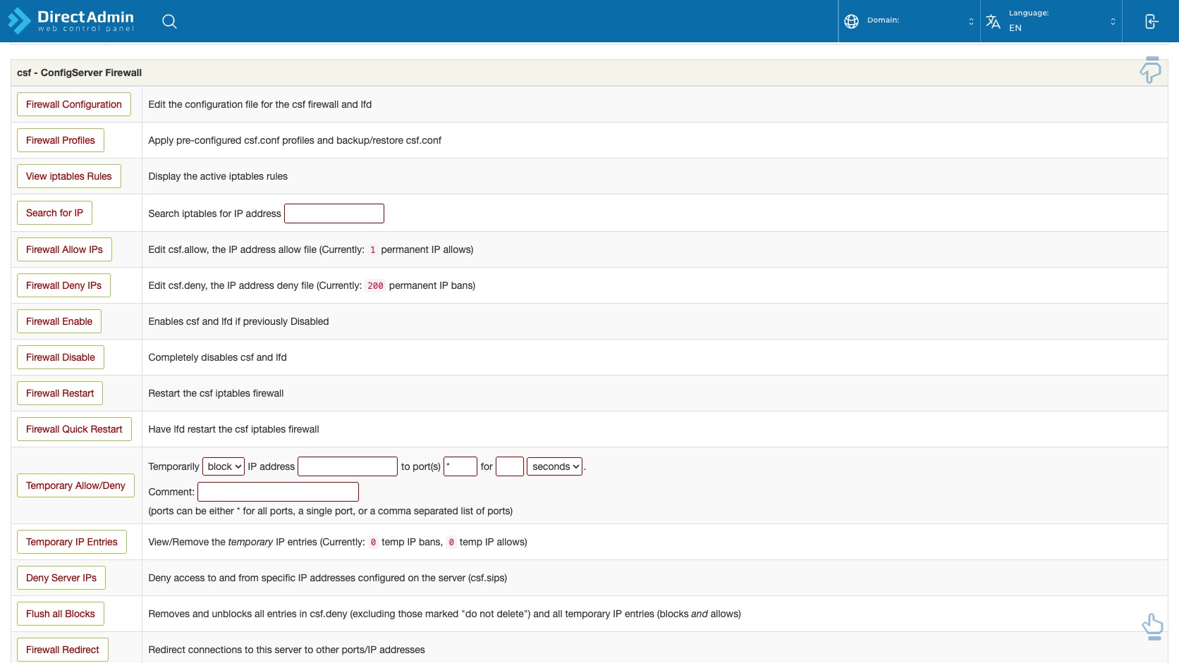 ภาพหน้าจอกลุ่ม csf ConfigServer Firewall แสดง Firewall Configuration Profiles View iptables Rules Search for IP Firewall Allow IPs Deny IPs Enable Disable Restart Temporary Allow Deny และ Flush all Blocks