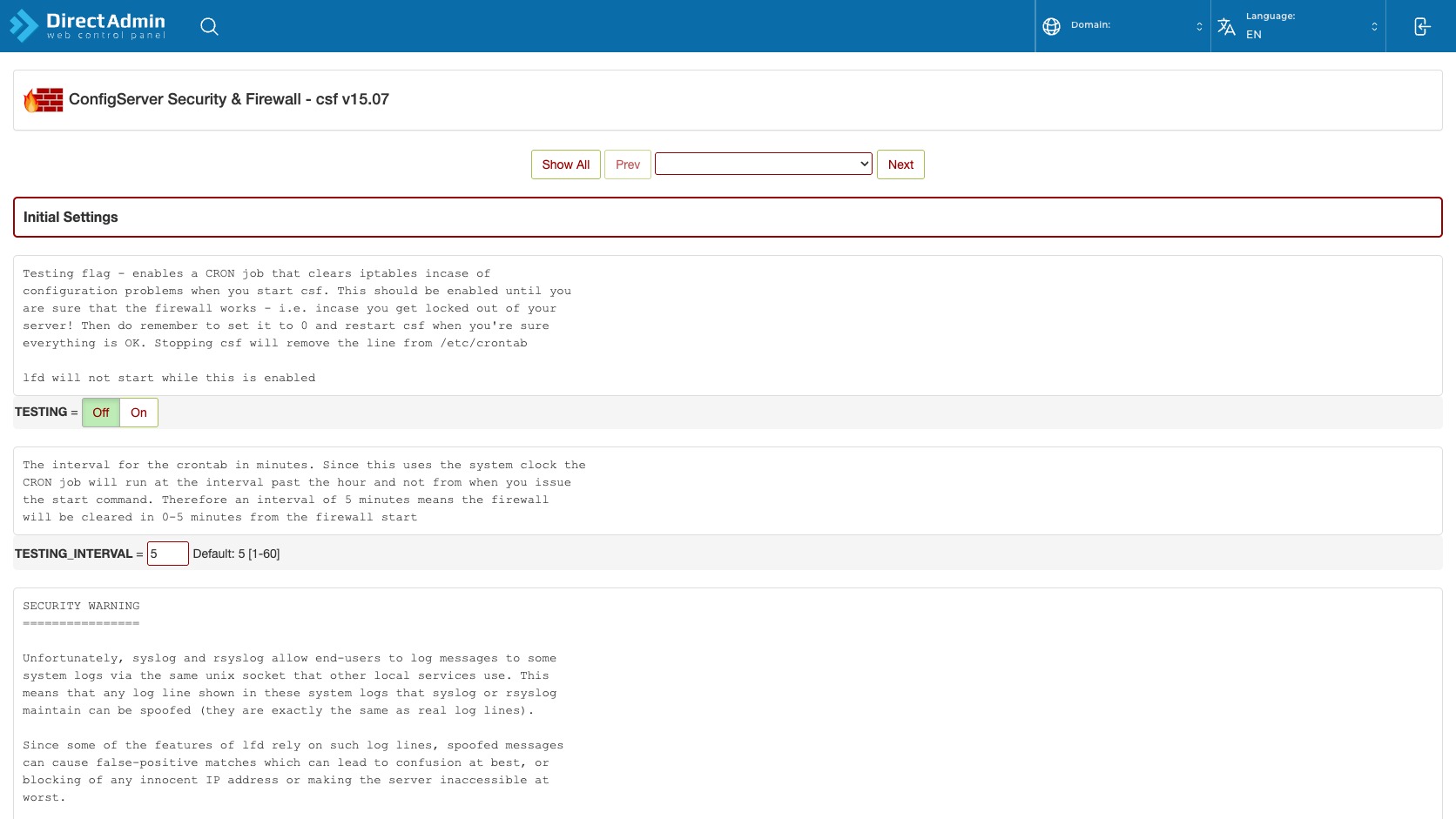 ภาพหน้าจอ Firewall Configuration editor ใน CSF แสดง Show All Prev category dropdown Next radio 0 1 และช่องค่า TESTING TCP IN TCP OUT UDP IN UDP OUT