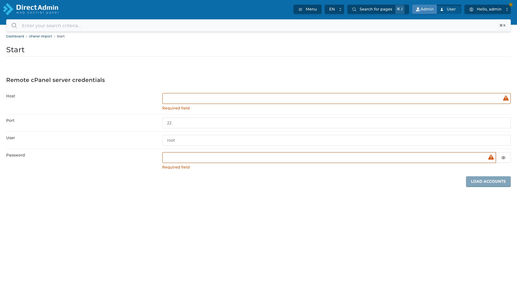 ภาพหน้าจอ validation Required field ในหน้า cPanel Import Start ที่ช่อง Host และ Password พร้อมปุ่ม Load Accounts disabled