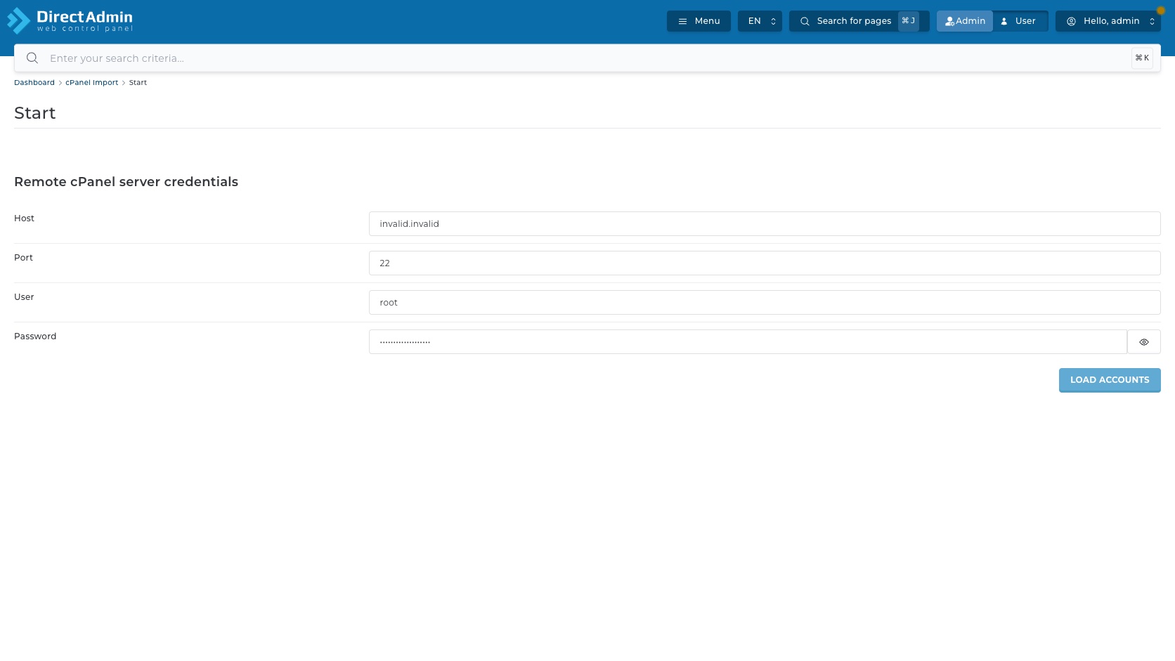 ภาพหน้าจอ warning Could not connect to remote host หลังกรอก host หลอกในหน้า cPanel Import Start