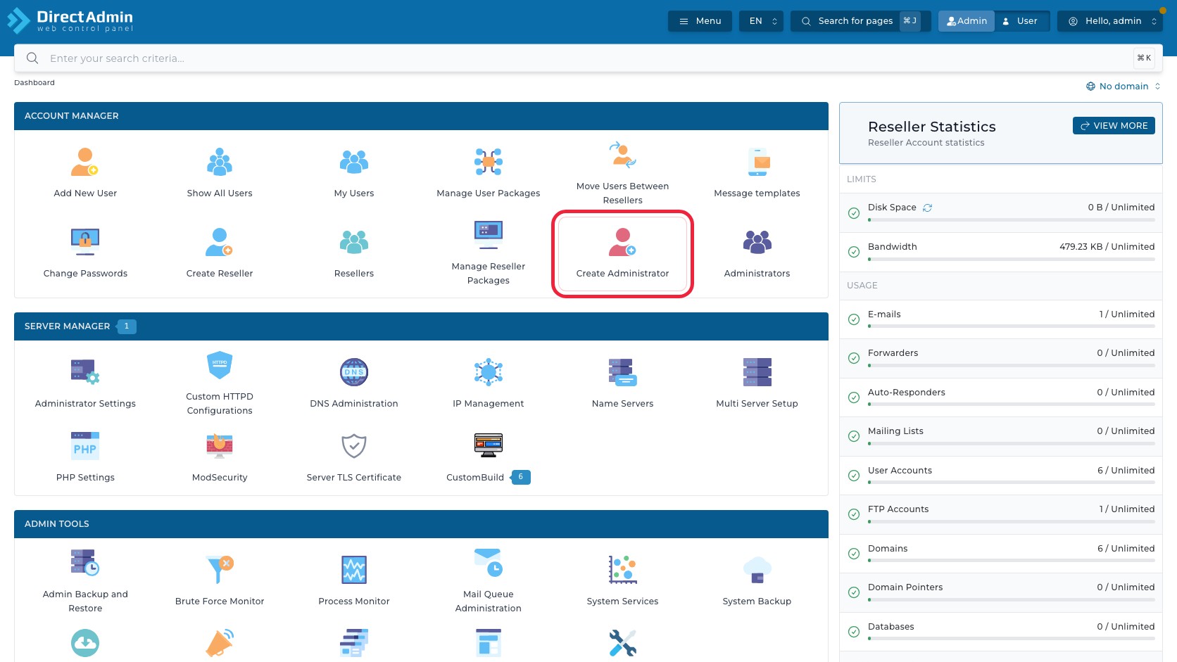 ภาพหน้าจอ DirectAdmin Admin Dashboard ที่ใส่กรอบสีแดงรอบเมนู Create Administrator ในกลุ่ม Account Manager