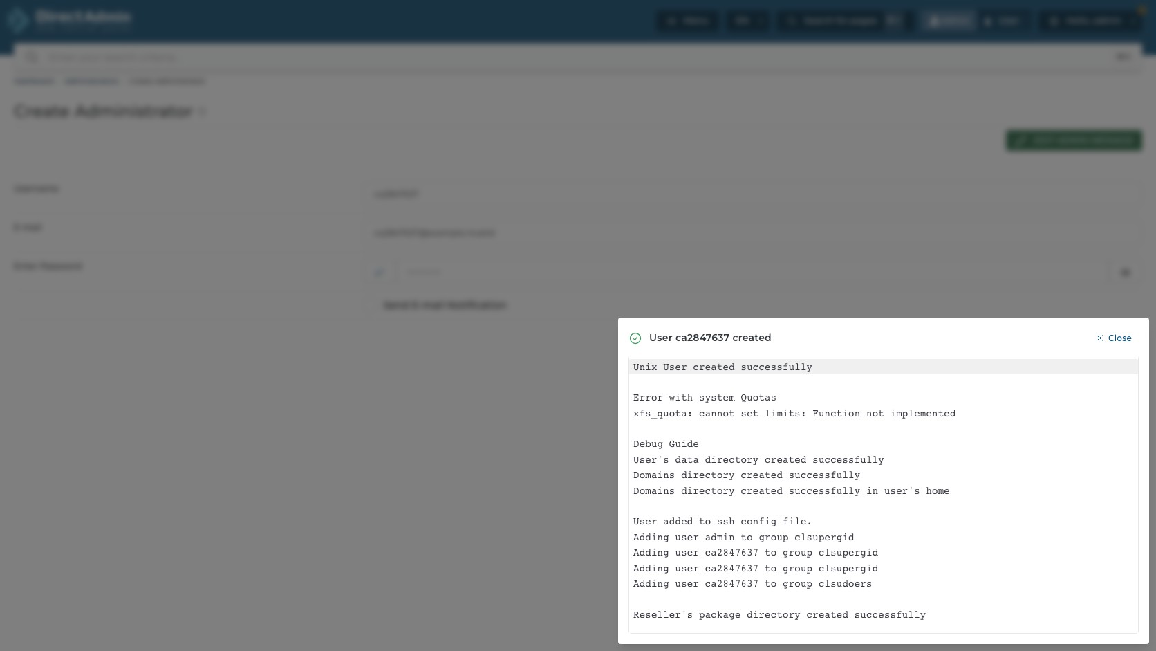 ภาพหน้าจอ confirmation dialog หลังสร้าง Administrator ใน DirectAdmin แสดง User created Error with system Quotas รายละเอียดการสร้าง directory และการเพิ่ม user เข้ากลุ่มระบบ
