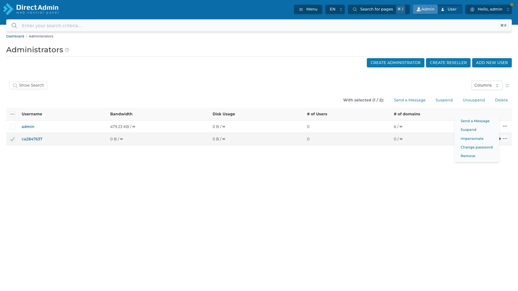 ภาพหน้าจอหน้า Administrators หลังสร้าง admin แสดง checkbox bulk actions ตาราง Username Bandwidth Disk Usage จำนวน Users จำนวน domains และ row actions Send a Message Suspend Impersonate Change password Remove