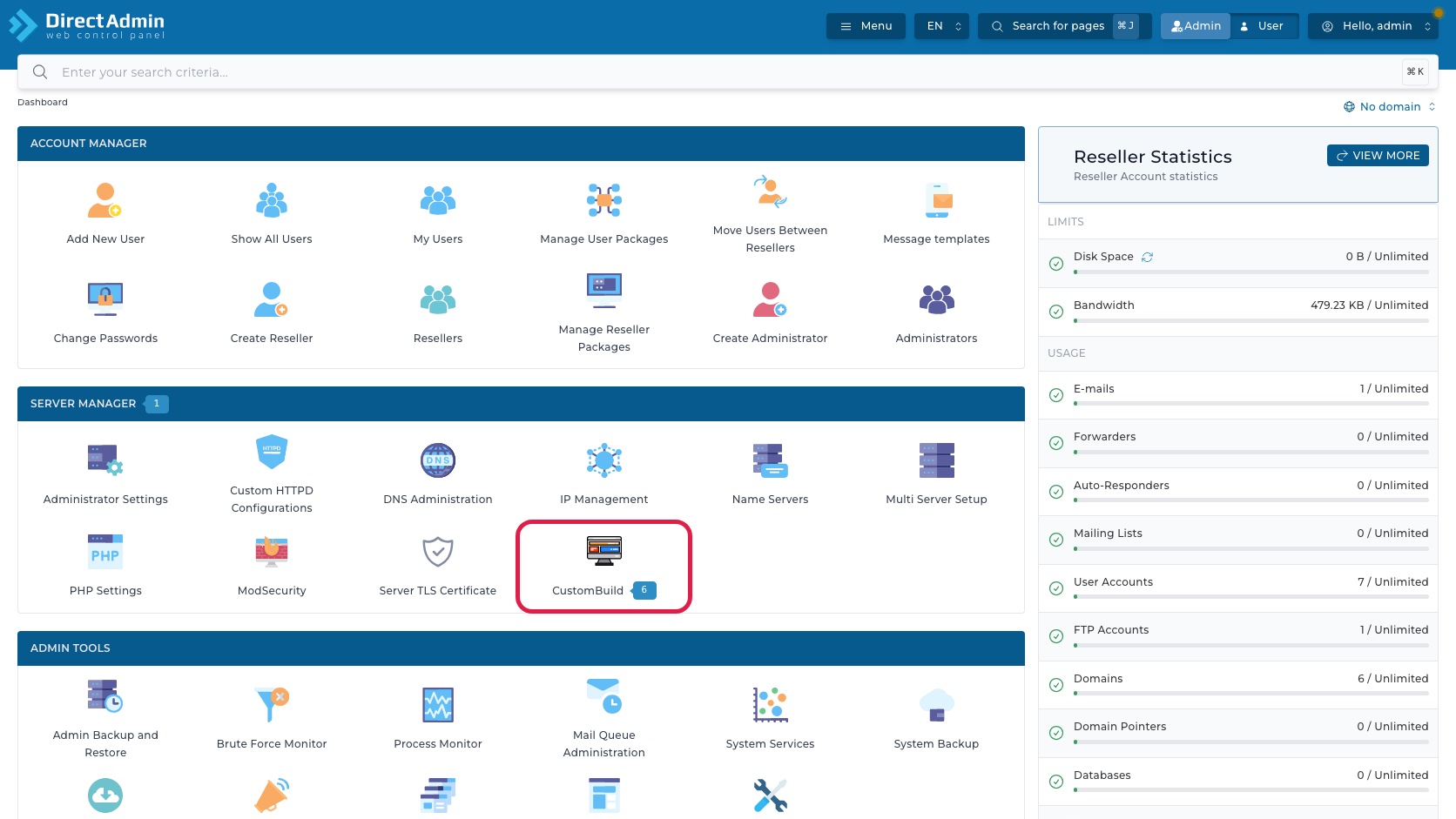 ภาพหน้าจอ DirectAdmin Admin Dashboard พร้อมกรอบสีแดงรอบเมนู CustomBuild ในกลุ่ม Server Manager