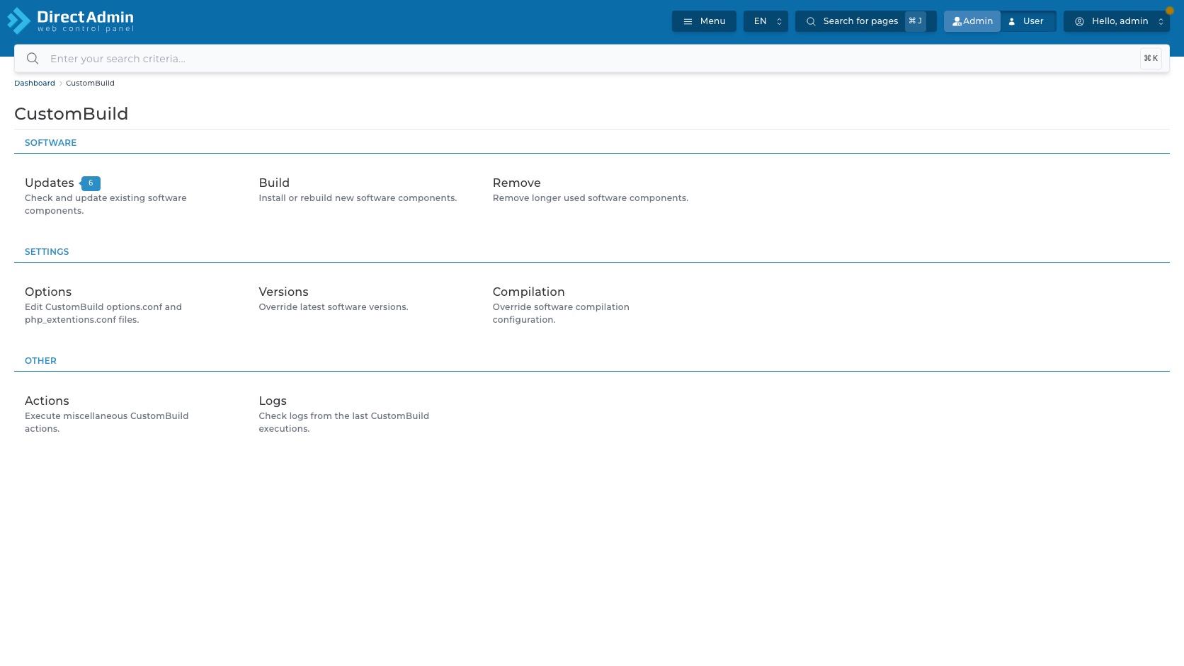 ภาพหน้าจอหน้า CustomBuild หลักใน DirectAdmin แสดง breadcrumb และการ์ด Updates Build Remove Options Versions Compilation Actions และ Logs