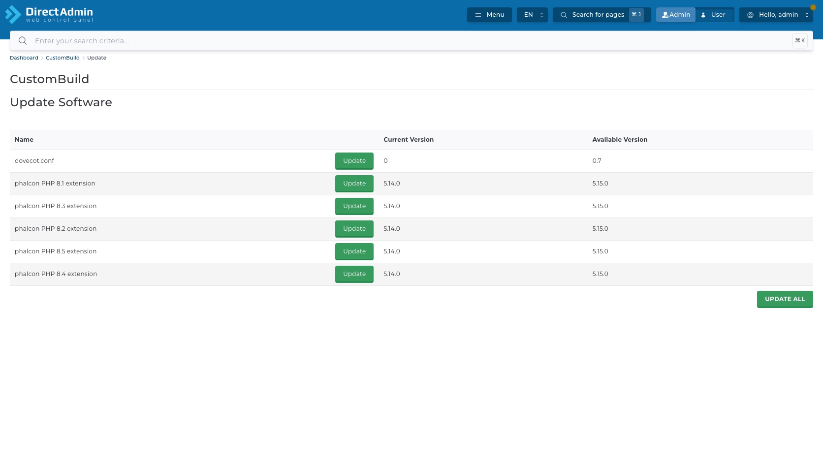 ภาพหน้าจอหน้า Update Software ใน CustomBuild แสดงตาราง Name Current Version Available Version ปุ่ม Update รายแถว และปุ่ม UPDATE ALL