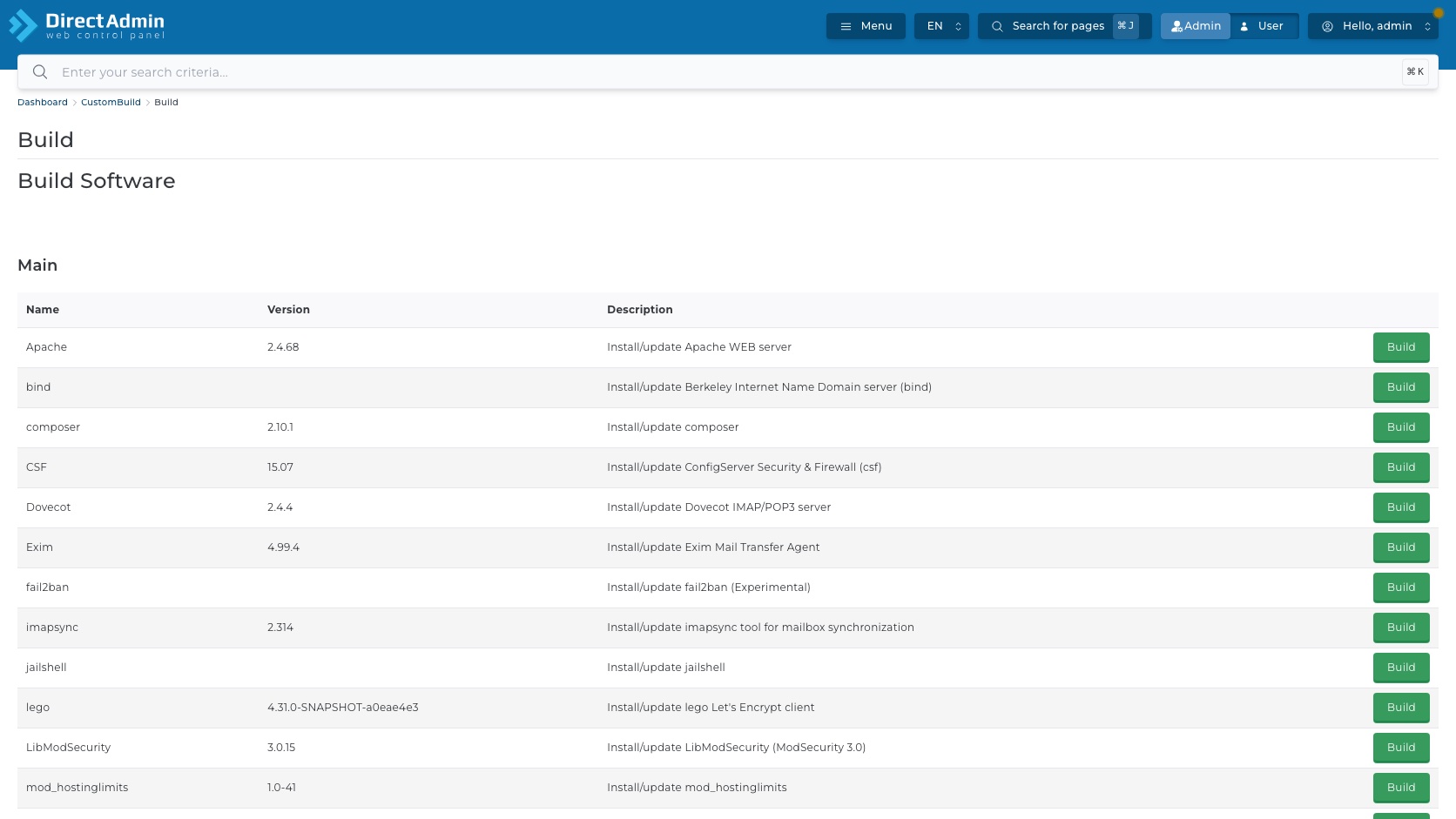 ภาพหน้าจอหน้า Build Software ใน CustomBuild แสดงกลุ่ม Main PHP Extensions Web Applications และปุ่ม Build รายแถว