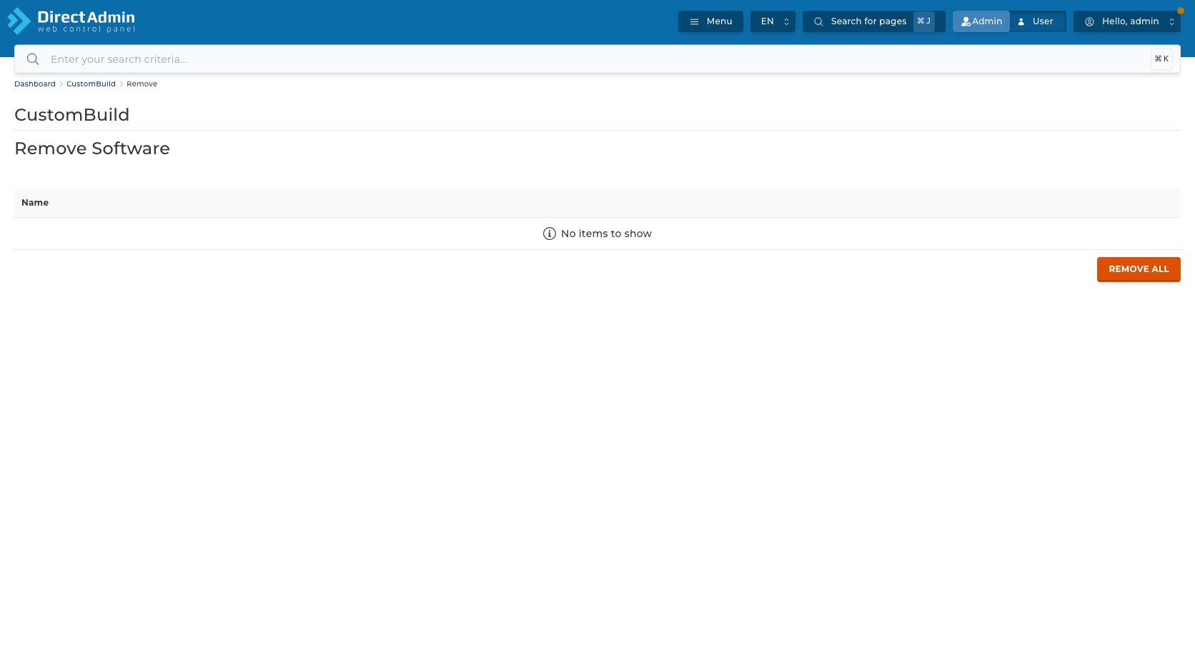 ภาพหน้าจอหน้า Remove Software ใน CustomBuild แสดงตาราง Name ข้อความ No items to show และปุ่ม REMOVE ALL