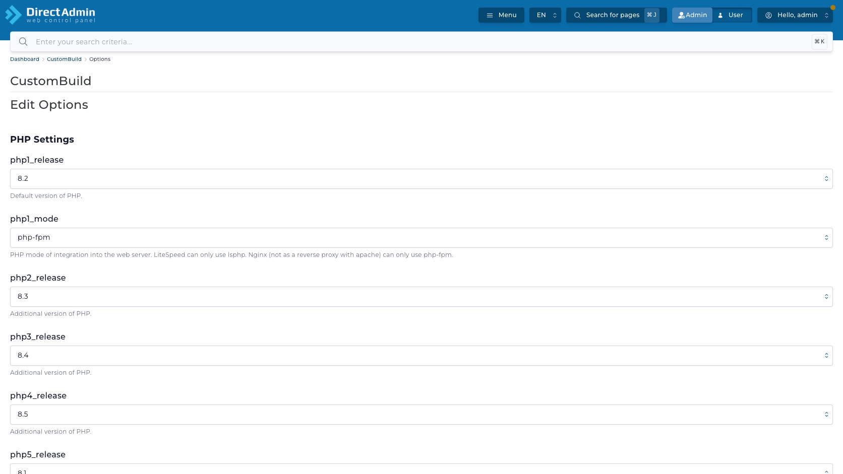 ภาพหน้าจอหน้า Edit Options ใน CustomBuild แสดง PHP Settings พร้อม dropdown radio text input Default Value และปุ่ม Update Setting