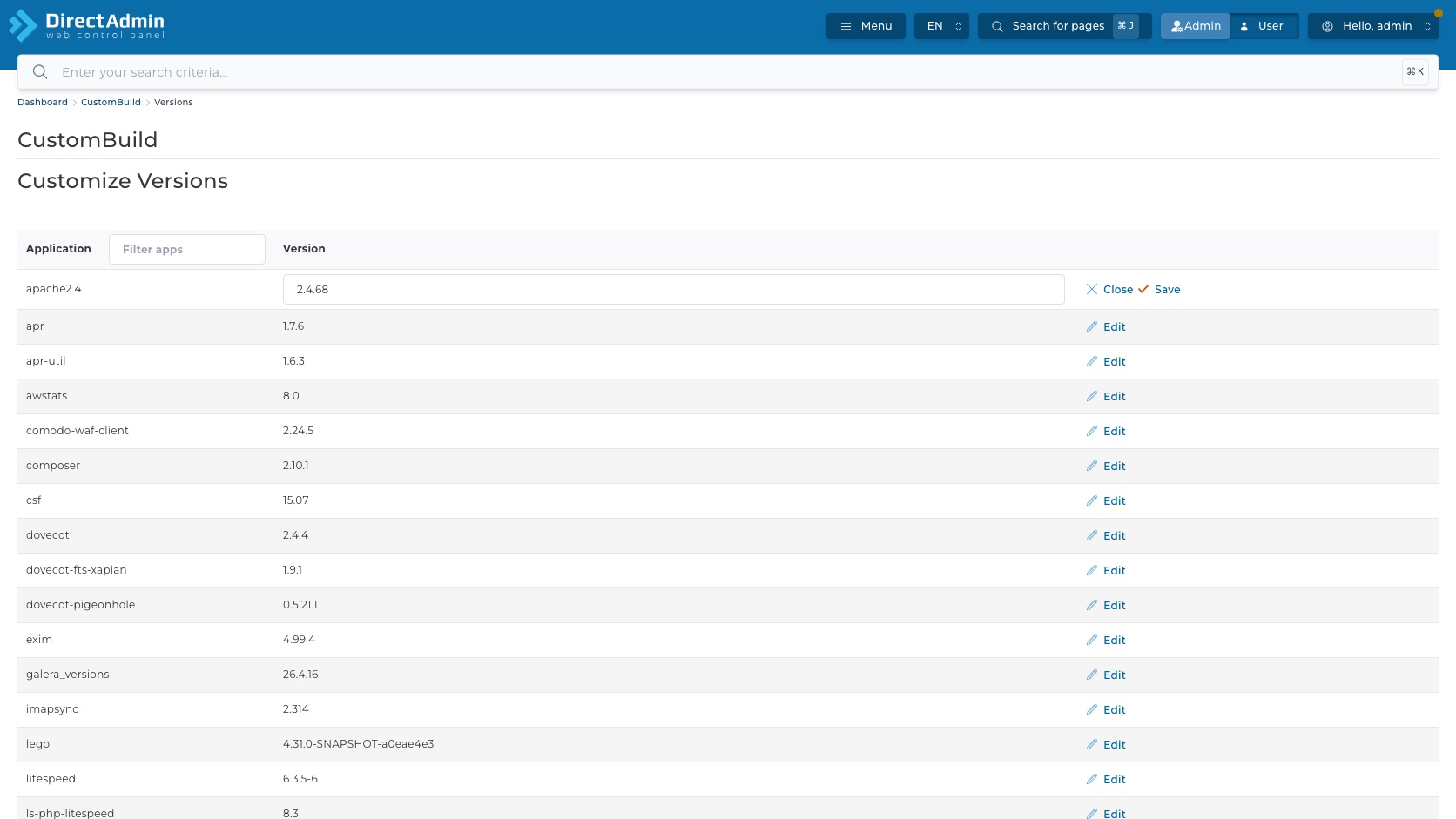 ภาพหน้าจอหน้า Customize Versions ใน CustomBuild หลังเปิด Edit แถว apache2.4 แสดง input version ปุ่ม Close และ Save