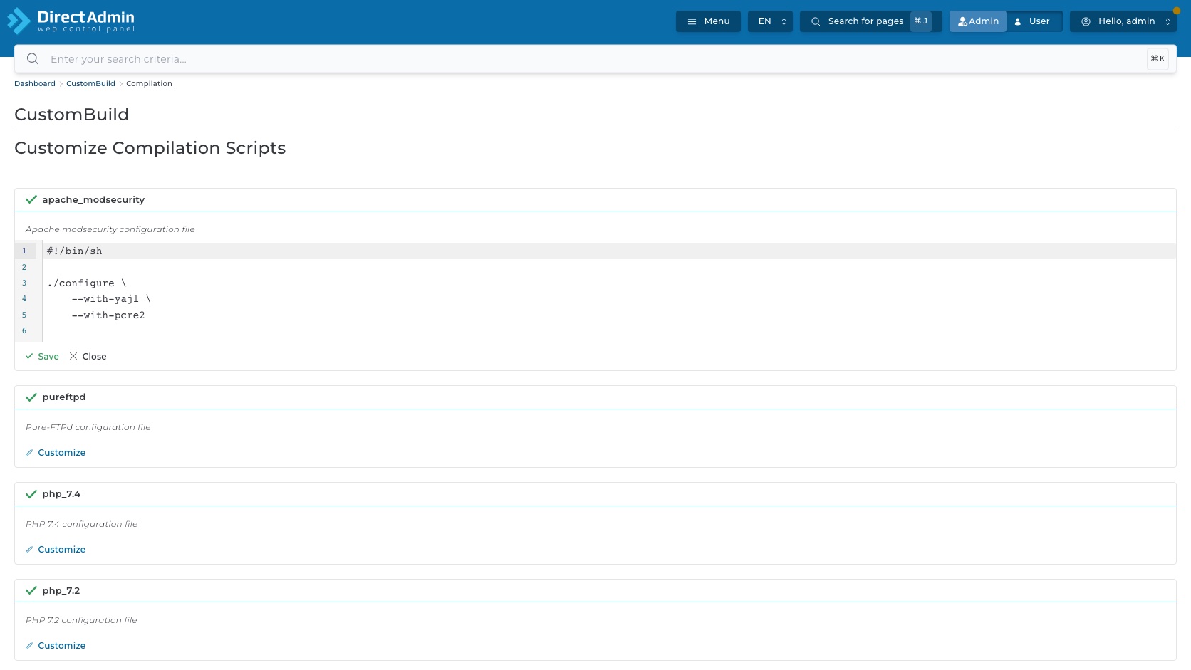 ภาพหน้าจอหน้า Customize Compilation Scripts ใน CustomBuild หลังเปิด Customize ของ apache_modsecurity แสดง editor เลขบรรทัด ปุ่ม Save และ Close