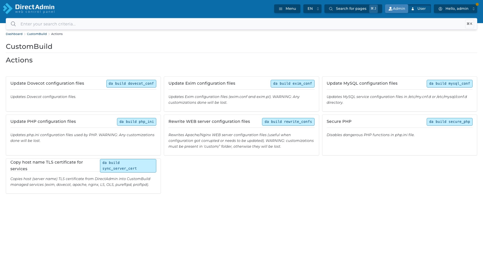 ภาพหน้าจอหน้า Actions ใน CustomBuild แสดง command buttons da build dovecot_conf exim_conf mysql_conf php_ini rewrite_confs secure_php และ sync_server_cert