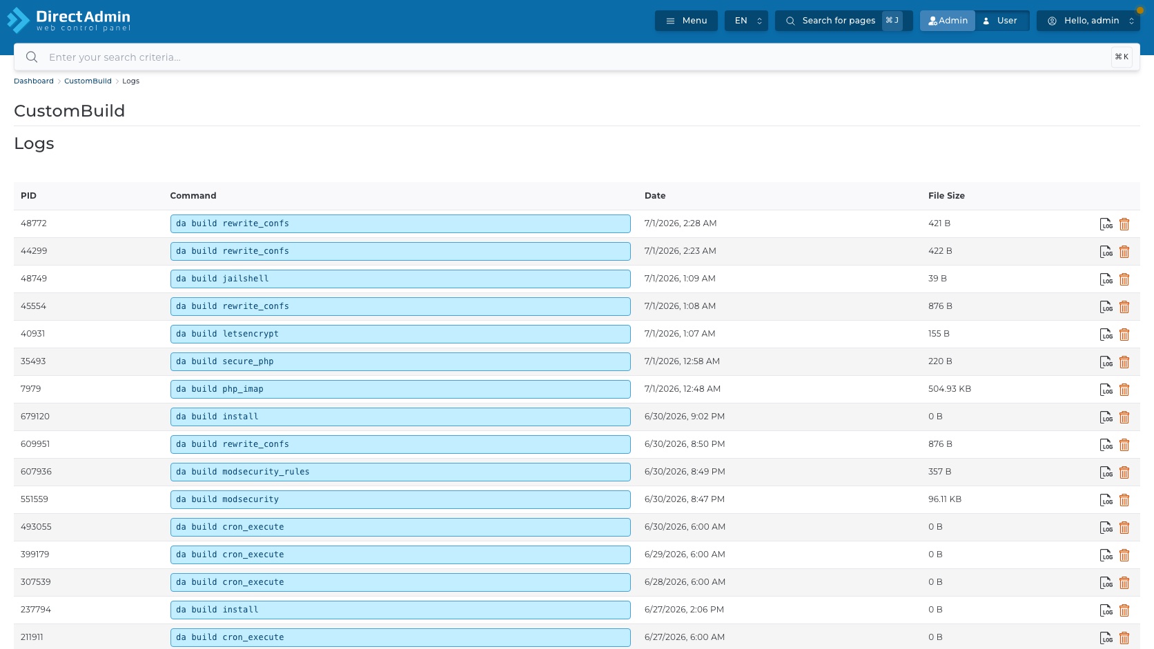 ภาพหน้าจอหน้า Logs ใน CustomBuild แสดงตาราง PID Command Date File Size และ icon View Log กับ Delete Log ในแต่ละแถว